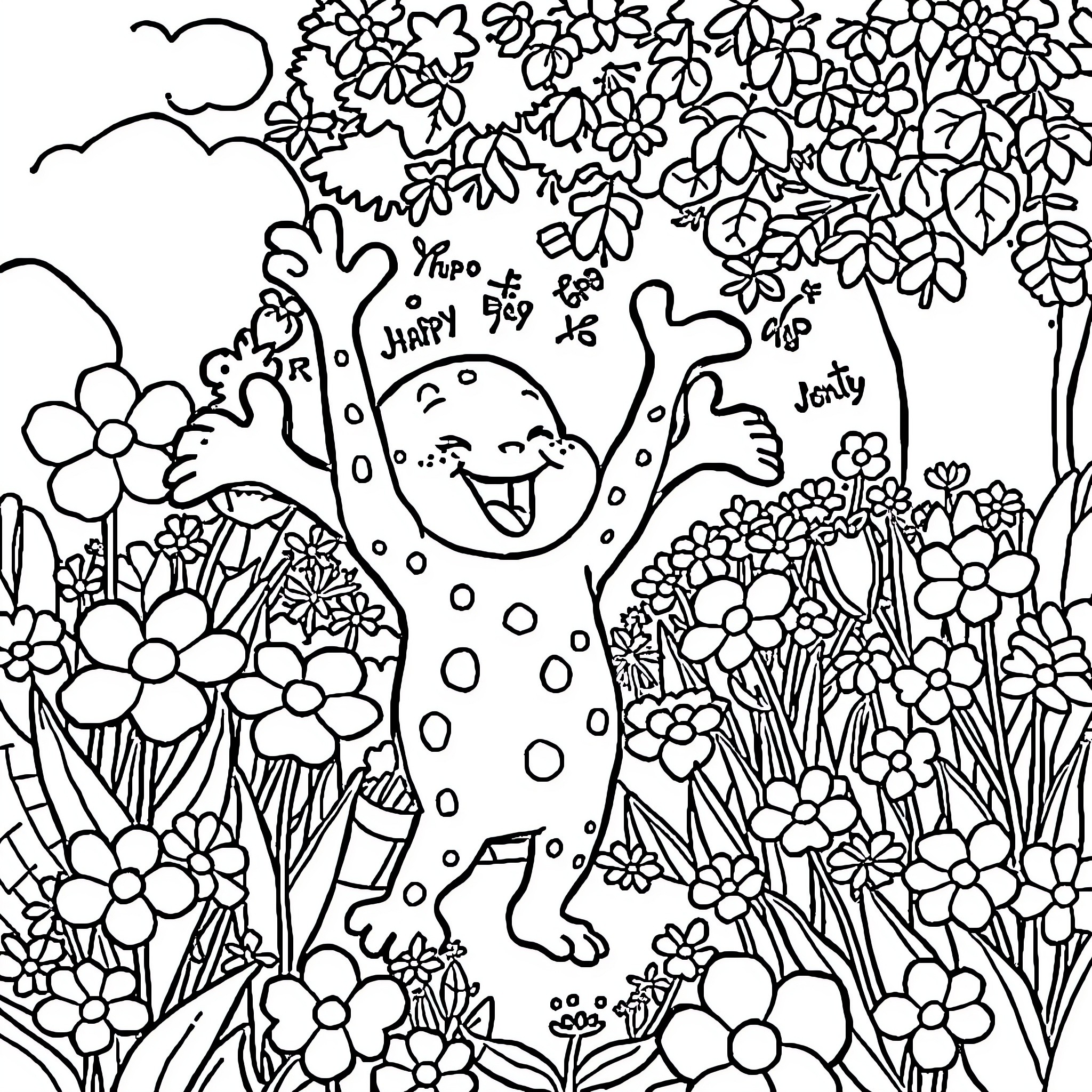 Labobo's Happy Day in Flowery Garden Coloring Page (free black-and-white line drawing printable PDF for all, from beginners to advanced learners, including children, teens, adults, and seniors)