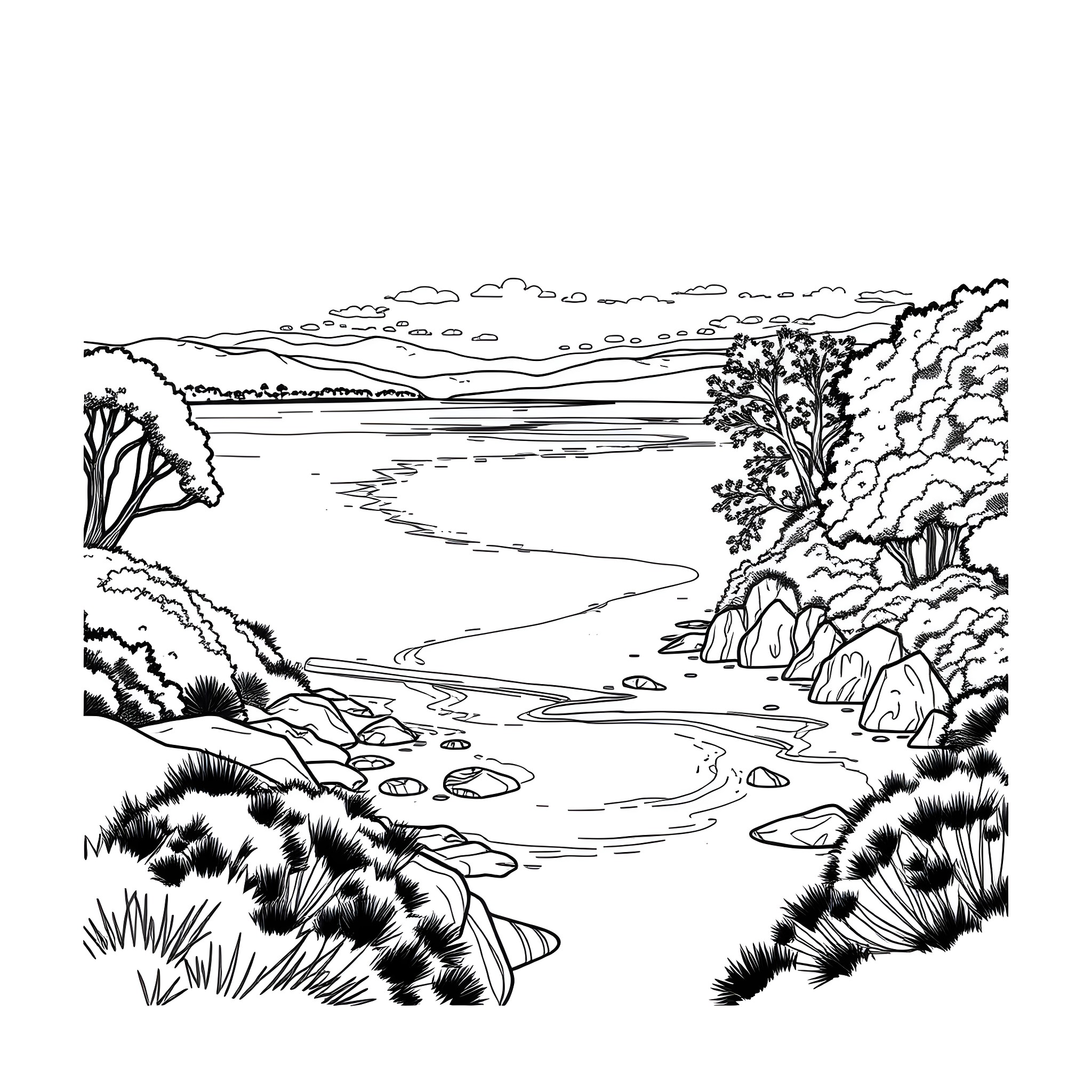 Beach with scenic landscape and rocky coastline Coloring Page (free black-and-white line drawing printable PDF for all, from beginners to advanced learners, including children, teens, adults, and seniors)