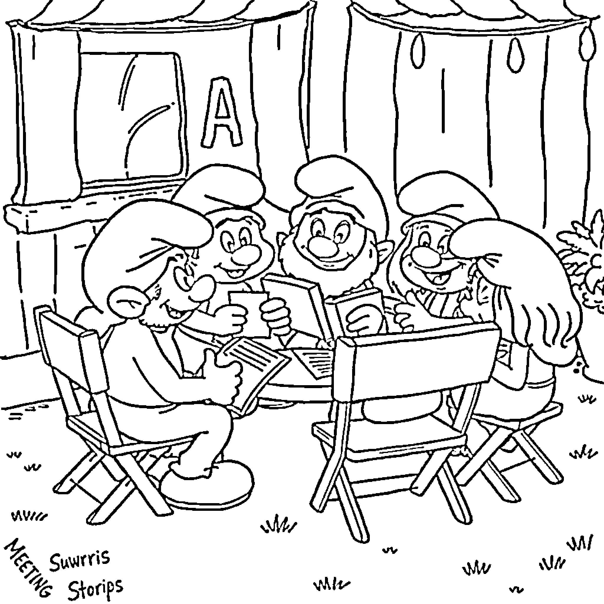 Smurfs Enjoying Storytelling and Campfire Coloring Page (free black-and-white line drawing printable PDF for all, from beginners to advanced learners, including children, teens, adults, and seniors)