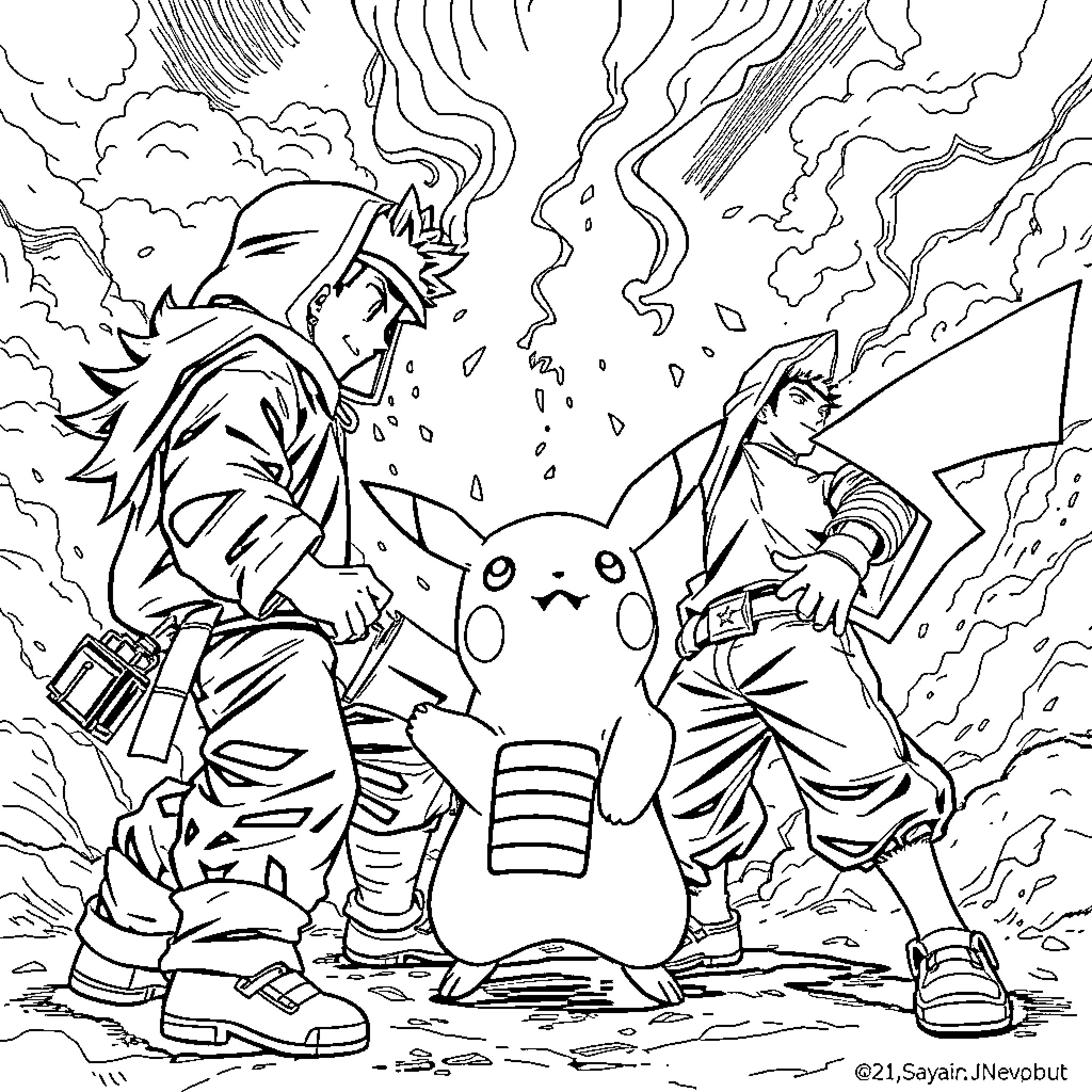 Saja Boys Battling Electrical Storm with Pikachu Coloring Page (free black-and-white line drawing printable PDF for all, from beginners to advanced learners, including children, teens, adults, and seniors)