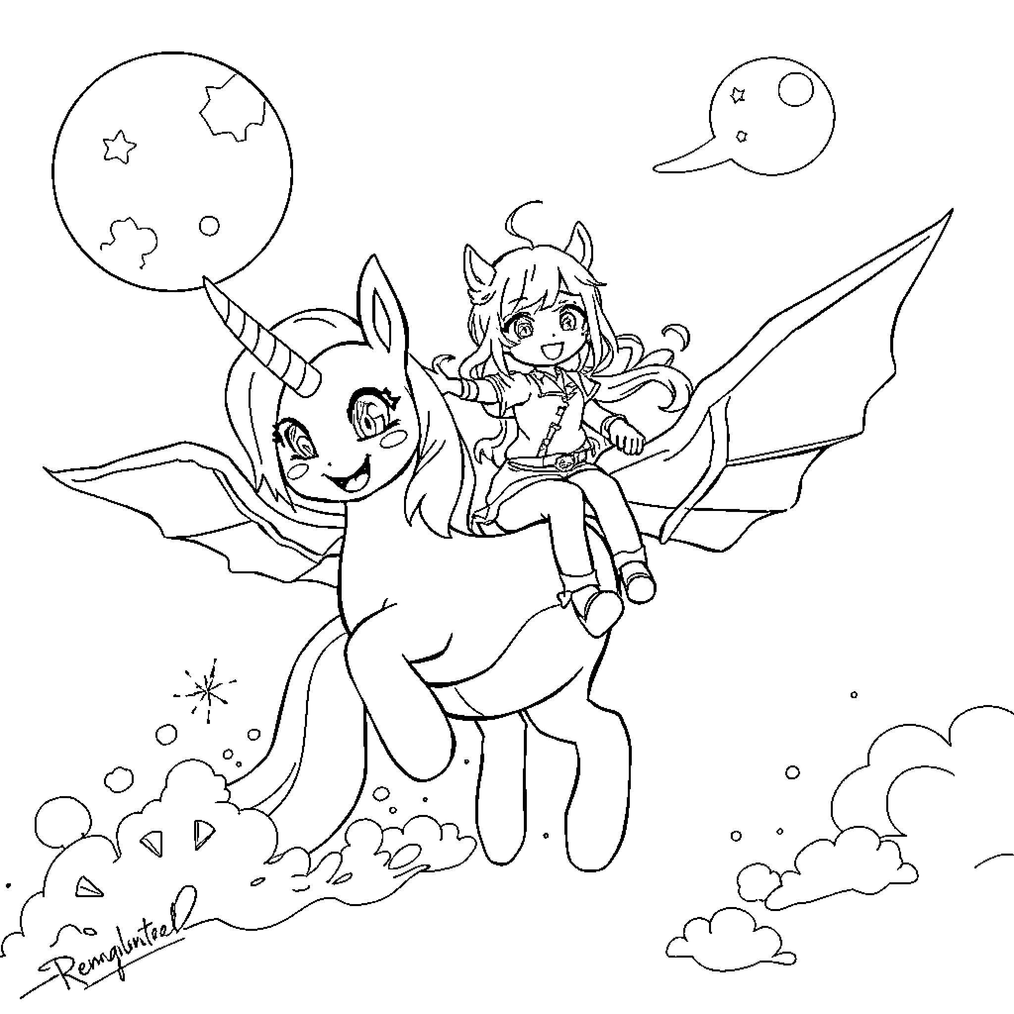 Rumi and her magical winged companion in flight Coloring Page (free black-and-white line drawing printable PDF for all, from beginners to advanced learners, including children, teens, adults, and seniors)
