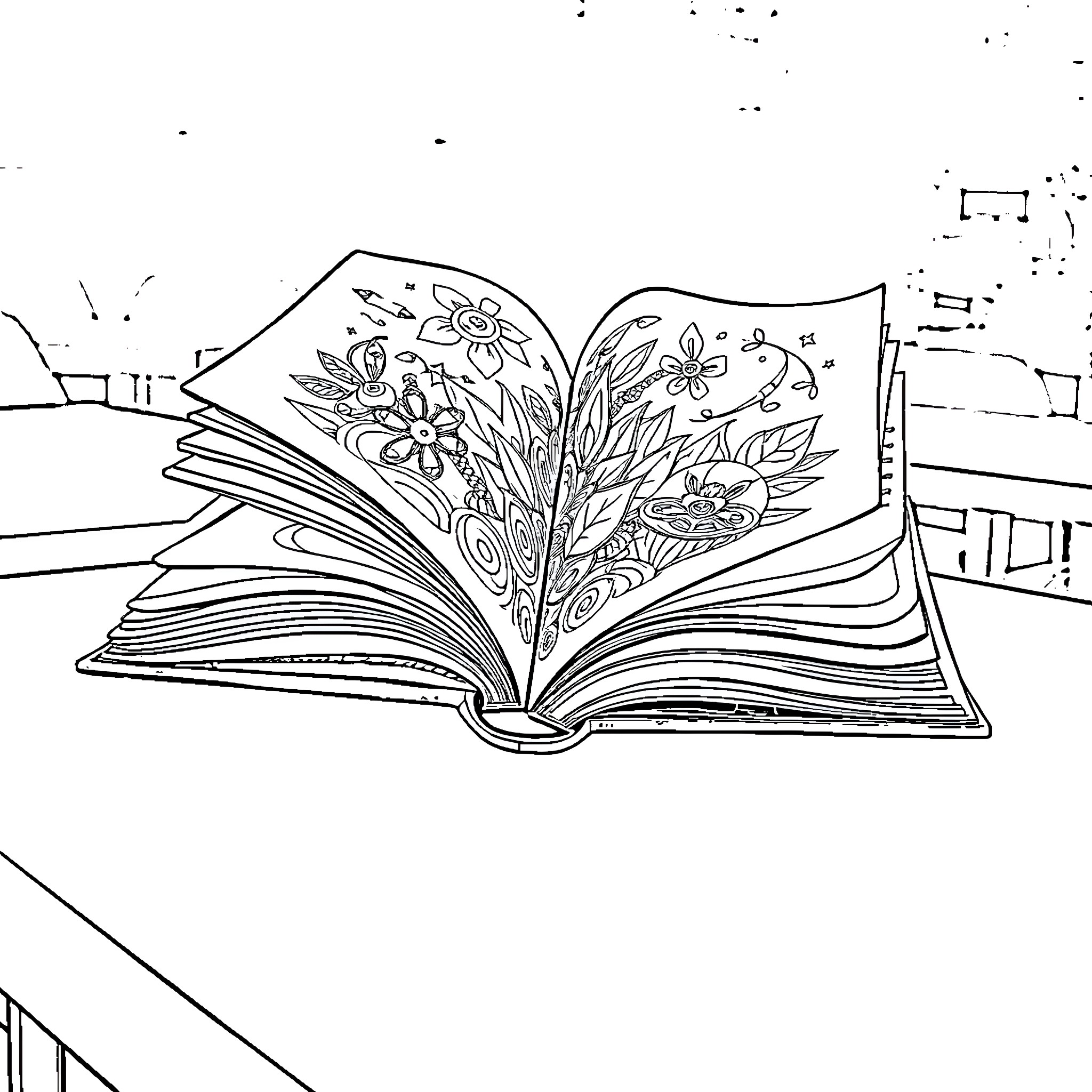 Book of Floral Blossoms Coloring Page (free black-and-white line drawing printable PDF for all, from beginners to advanced learners, including children, teens, adults, and seniors)