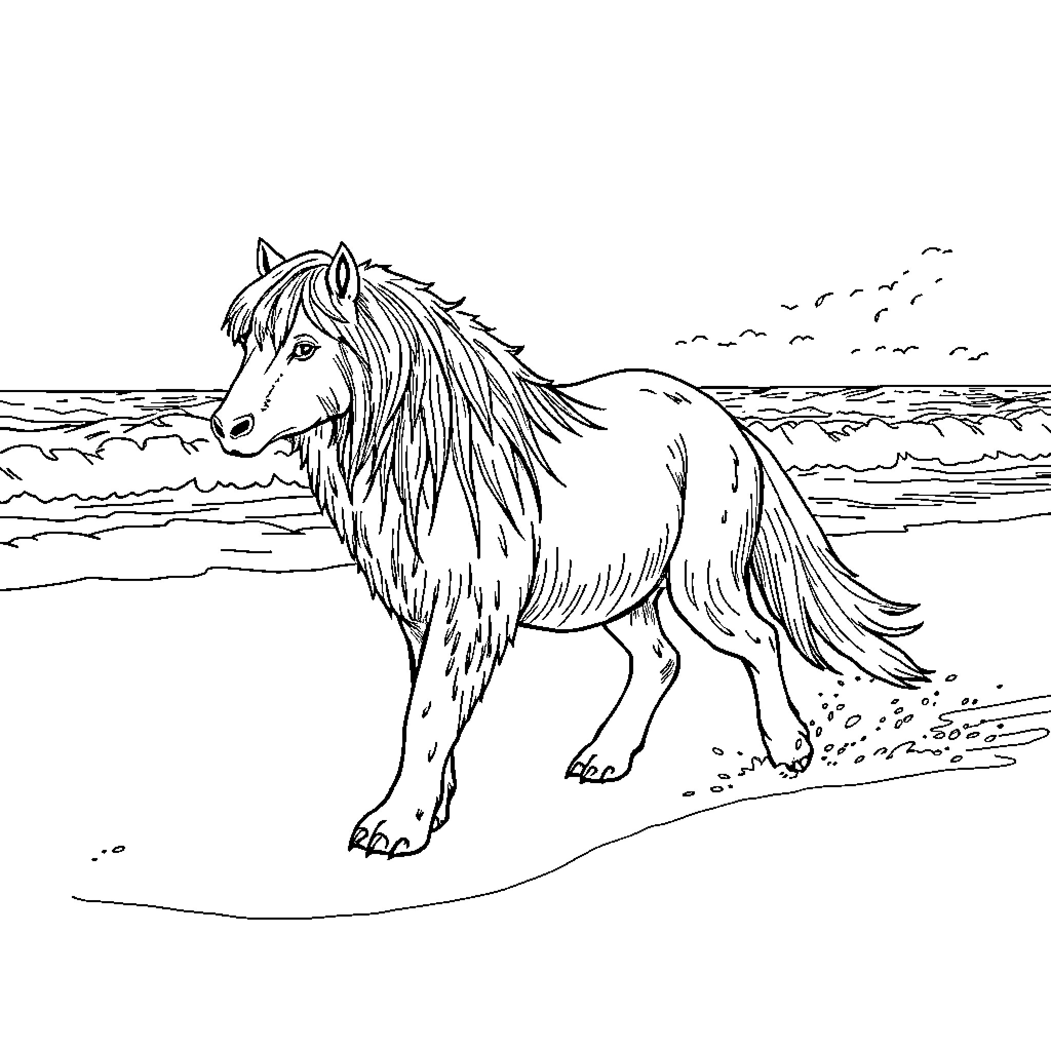 Queen horse galloping gracefully on the beach Coloring Page (free black-and-white line drawing printable PDF for all, from beginners to advanced learners, including children, teens, adults, and seniors)