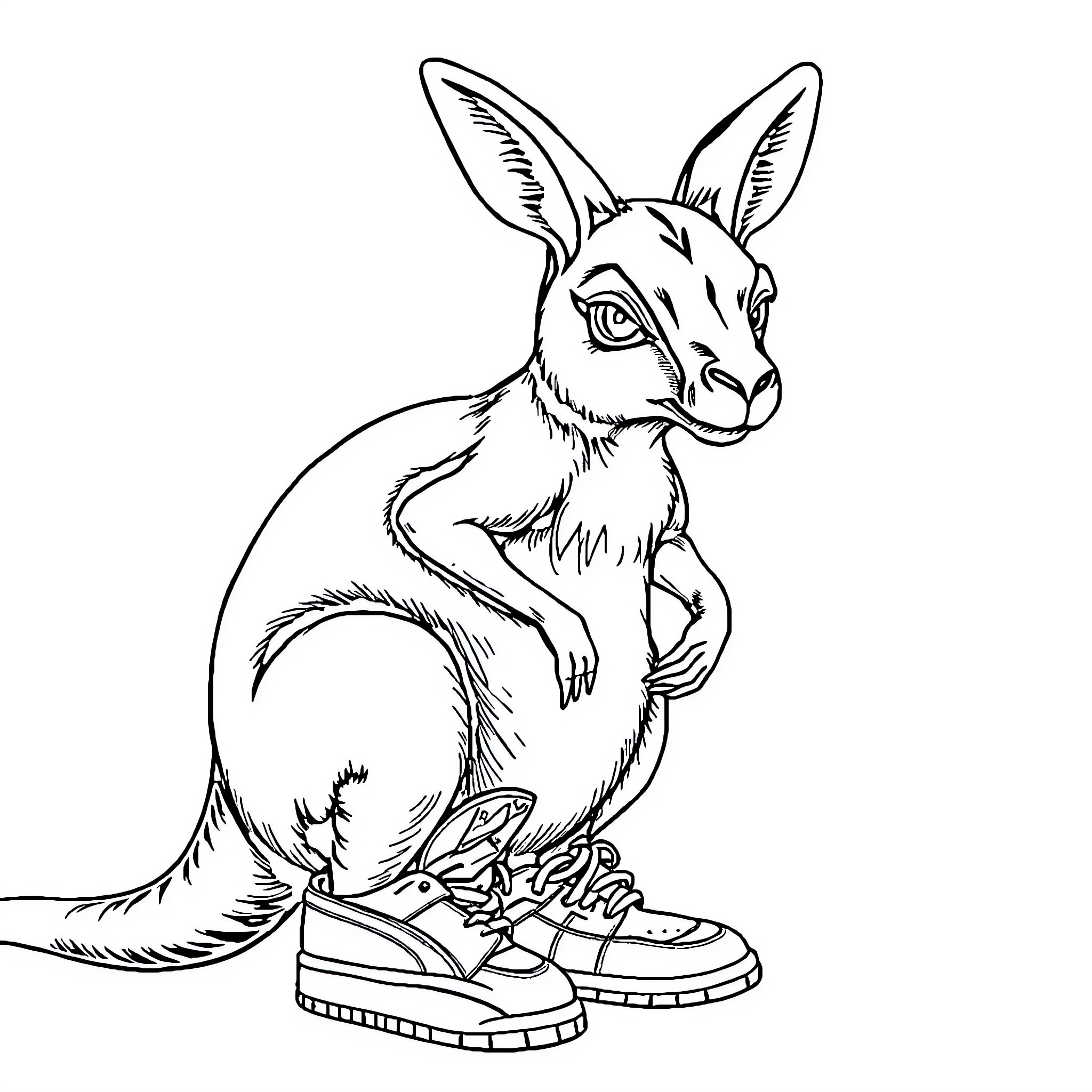 Kangaroo wearing sneakers and looking curious Coloring Page (free black-and-white line drawing printable PDF for all, from beginners to advanced learners, including children, teens, adults, and seniors)