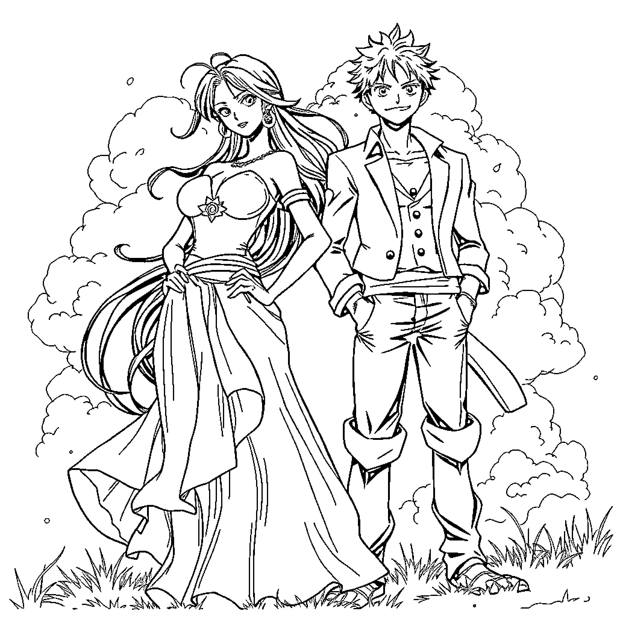 Boa Hancock and Monkey D. Luffy in a whimsical scene Coloring Page (free black-and-white line drawing printable PDF for all, from beginners to advanced learners, including children, teens, adults, and seniors)