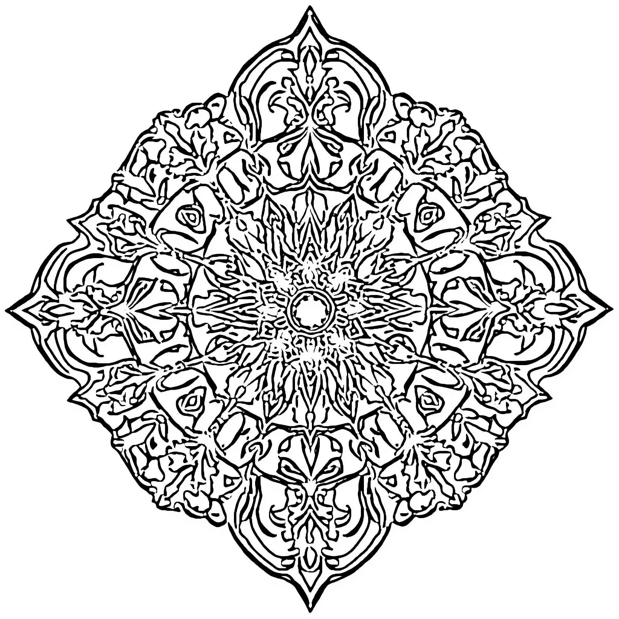 Mandala of intricate floral designs Coloring Page (free black-and-white line drawing printable PDF for all, from beginners to advanced learners, including children, teens, adults, and seniors)