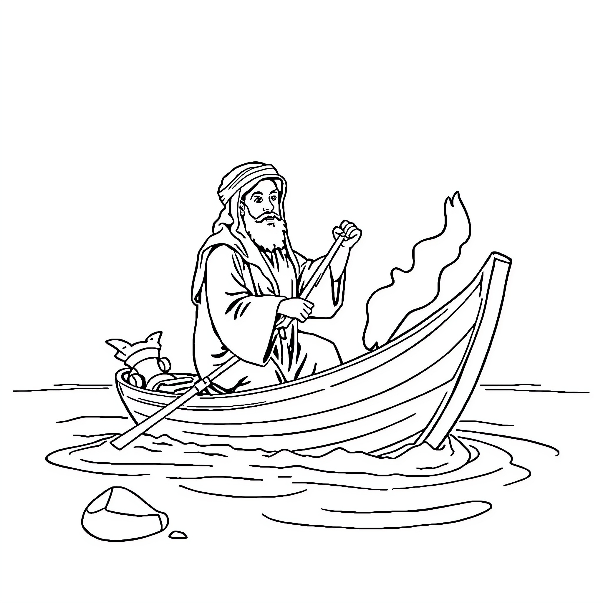 Nabi Nuh navigating a boat on the waters Coloring Page (free black-and-white line drawing printable PDF for all, from beginners to advanced learners, including children, teens, adults, and seniors)