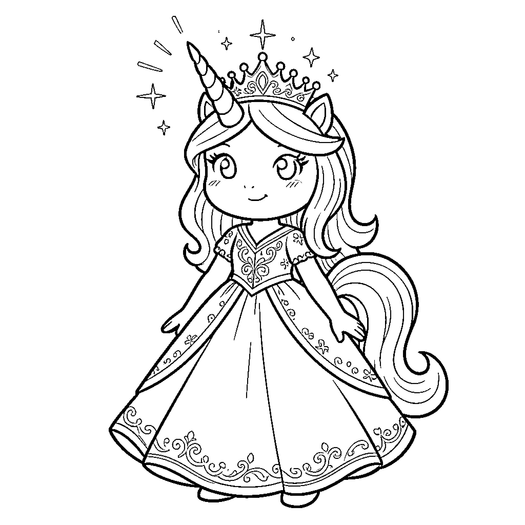 Unicorn Princess in Sparkling Gown Coloring Page (free black-and-white line drawing printable PDF for all, from beginners to advanced learners, including children, teens, adults, and seniors)