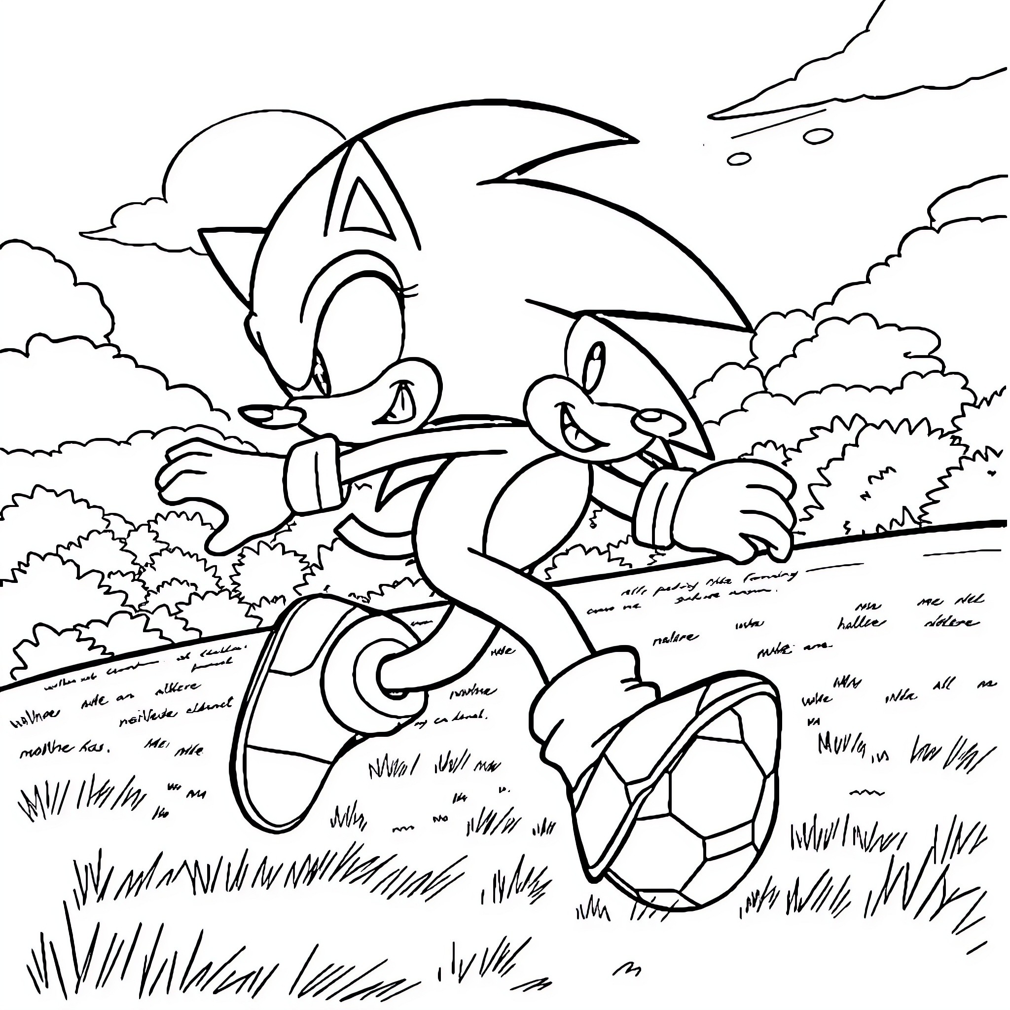 Sonic Running Playfully Through Grassy Landscape Coloring Page (free black-and-white line drawing printable PDF for all, from beginners to advanced learners, including children, teens, adults, and seniors)