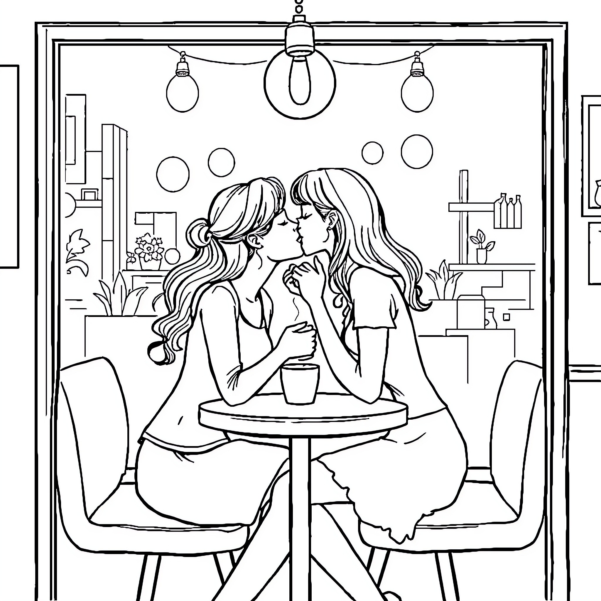 Couple Sharing an Intimate Moment in Cozy Setting Coloring Page (free black-and-white line drawing printable PDF for all, from beginners to advanced learners, including children, teens, adults, and seniors)