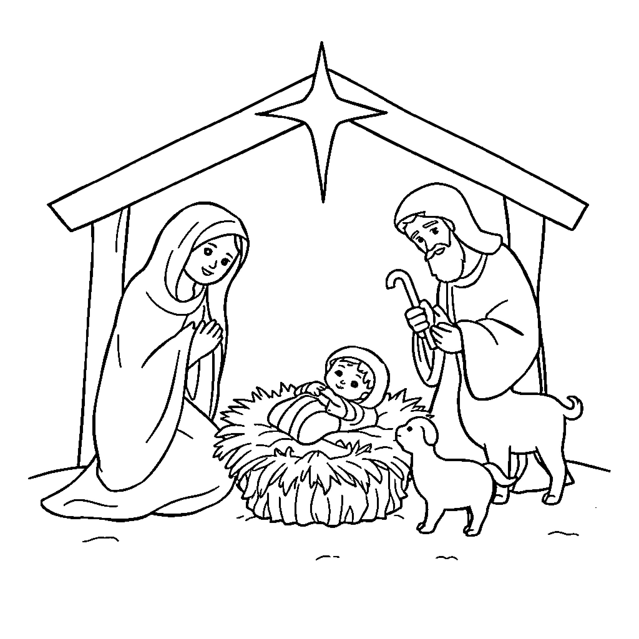 Nativity scene with holy family and animals Coloring Page (free black-and-white line drawing printable PDF for all, from beginners to advanced learners, including children, teens, adults, and seniors)