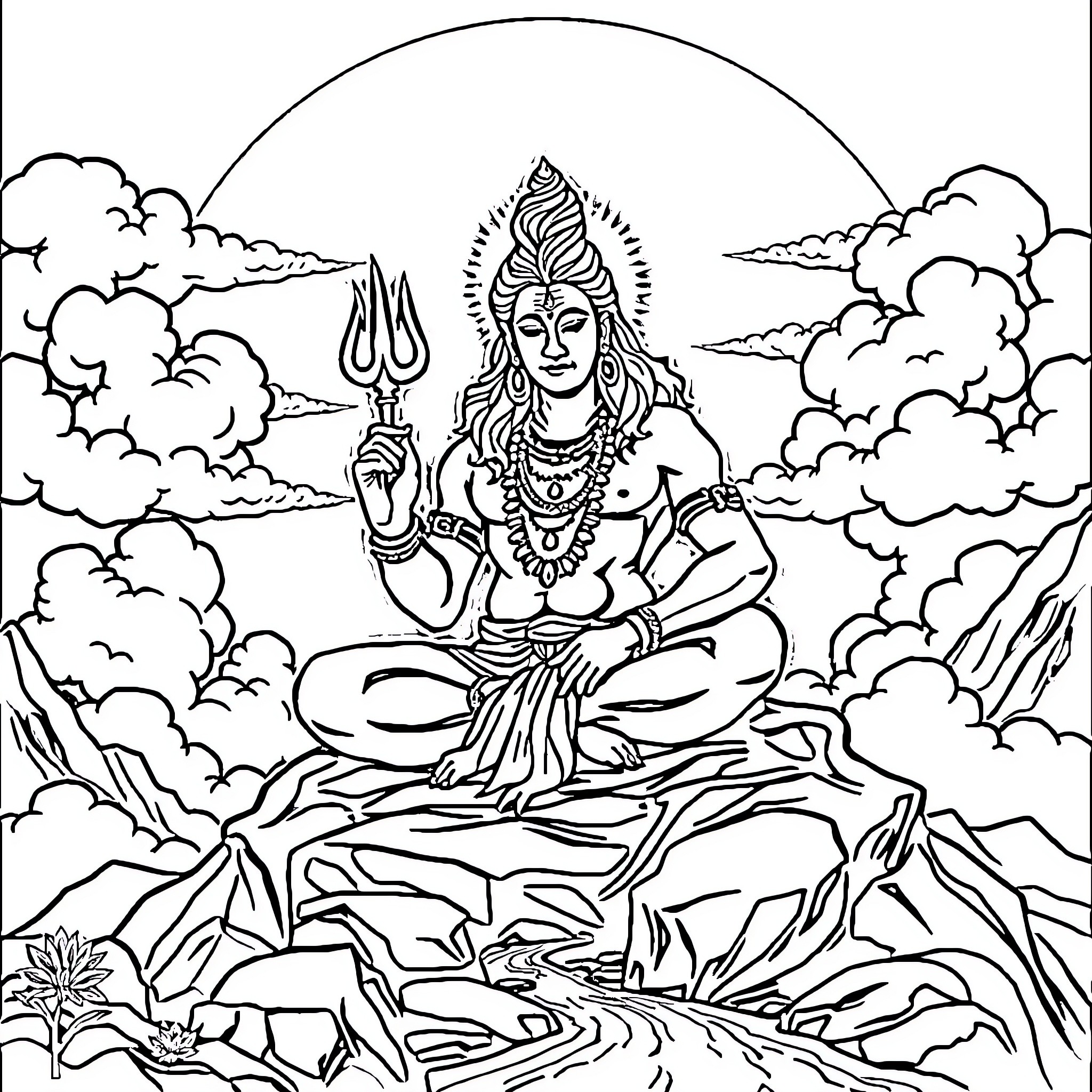 Lord Shiva meditating in the mountains Coloring Page (free black-and-white line drawing printable PDF for all, from beginners to advanced learners, including children, teens, adults, and seniors)