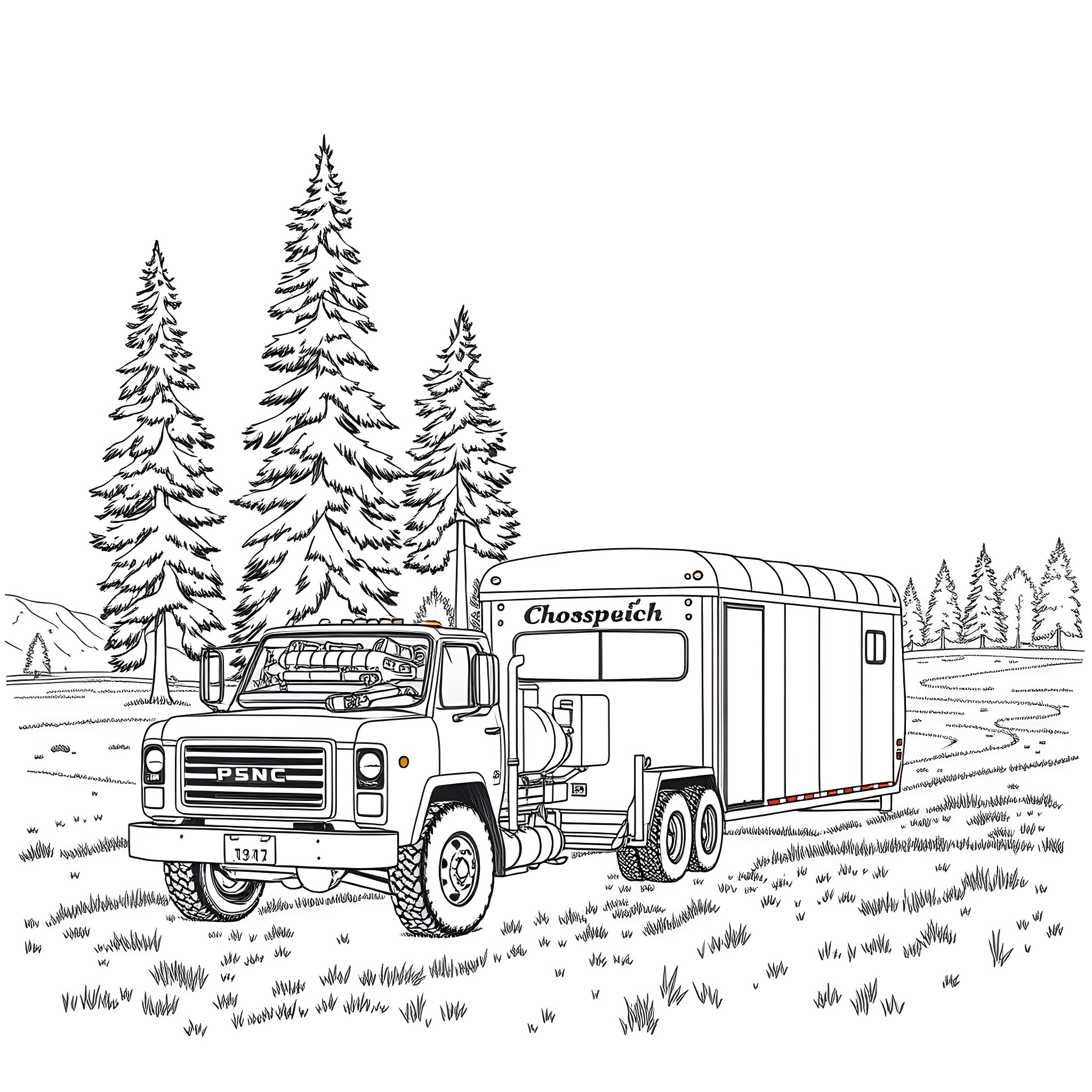Gooseneck Trailer transporting supplies through snowy forest Coloring Page (free black-and-white line drawing printable PDF for all, from beginners to advanced learners, including children, teens, adults, and seniors)