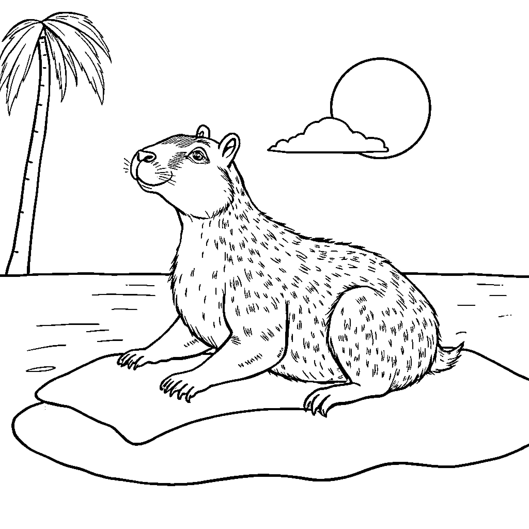 Capybara relaxing on the beach Coloring Page (free black-and-white line drawing printable PDF for all, from beginners to advanced learners, including children, teens, adults, and seniors)