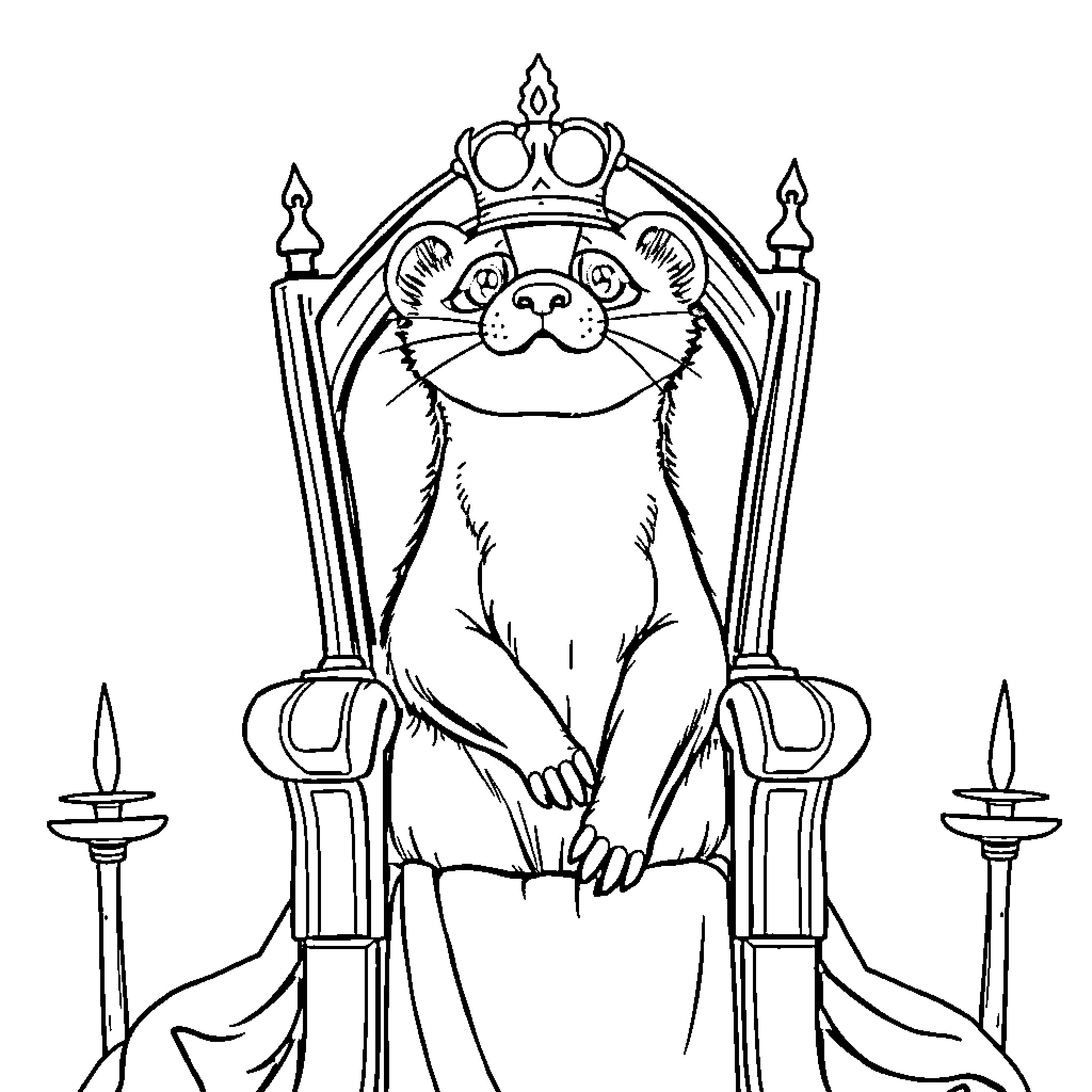 Ferret sitting on a majestic throne Coloring Page (free black-and-white line drawing printable PDF for all, from beginners to advanced learners, including children, teens, adults, and seniors)