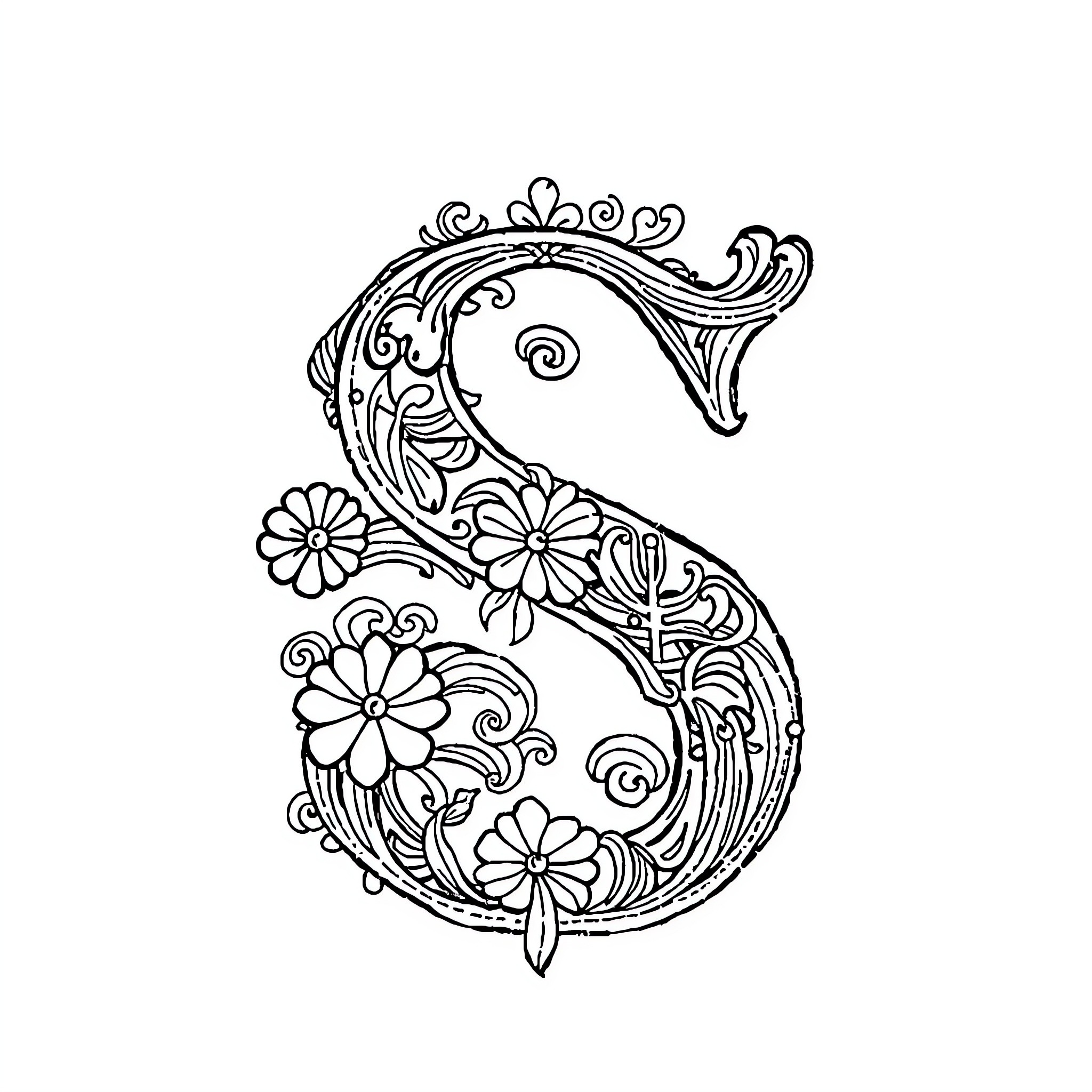 Letter S with Floral Decorations Coloring Page (free black-and-white line drawing printable PDF for all, from beginners to advanced learners, including children, teens, adults, and seniors)