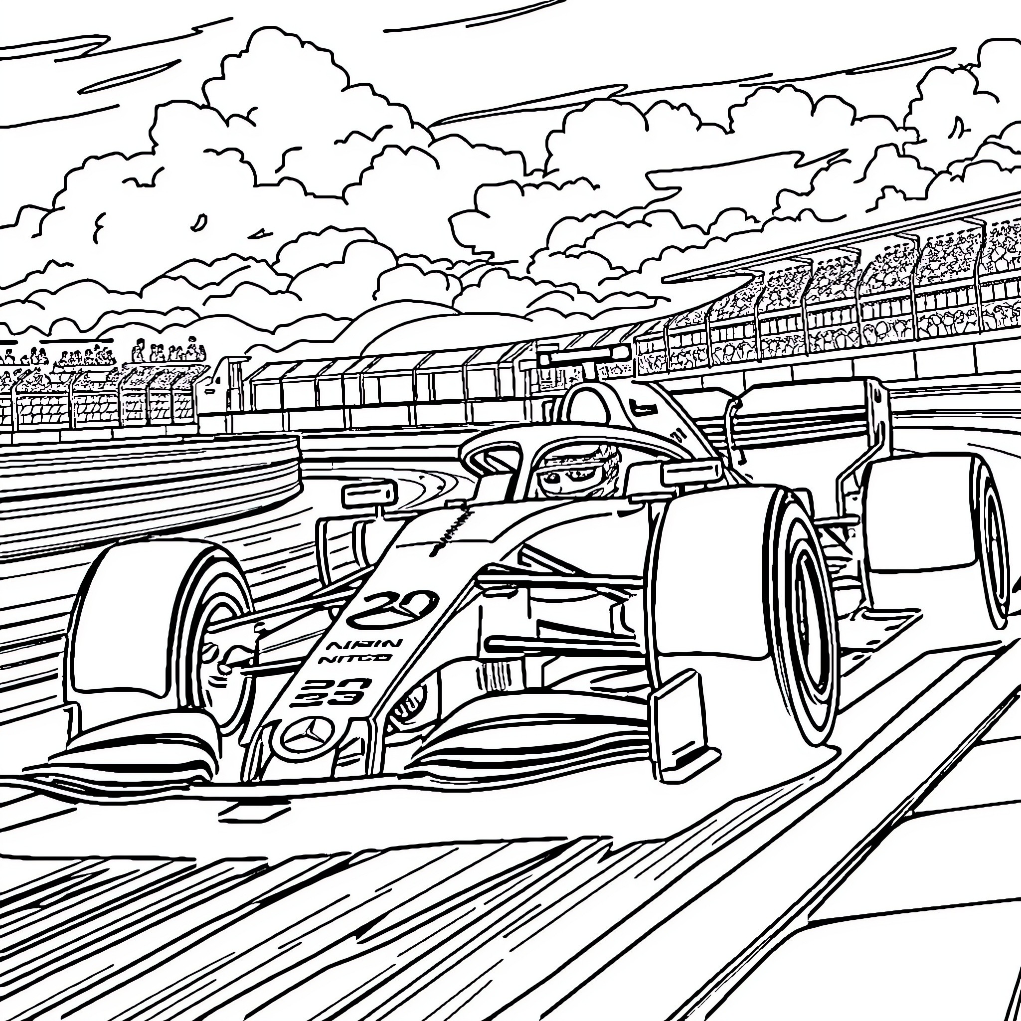 Charles Leclerc's Formula One Racing Car in Action Coloring Page (free black-and-white line drawing printable PDF for all, from beginners to advanced learners, including children, teens, adults, and seniors)