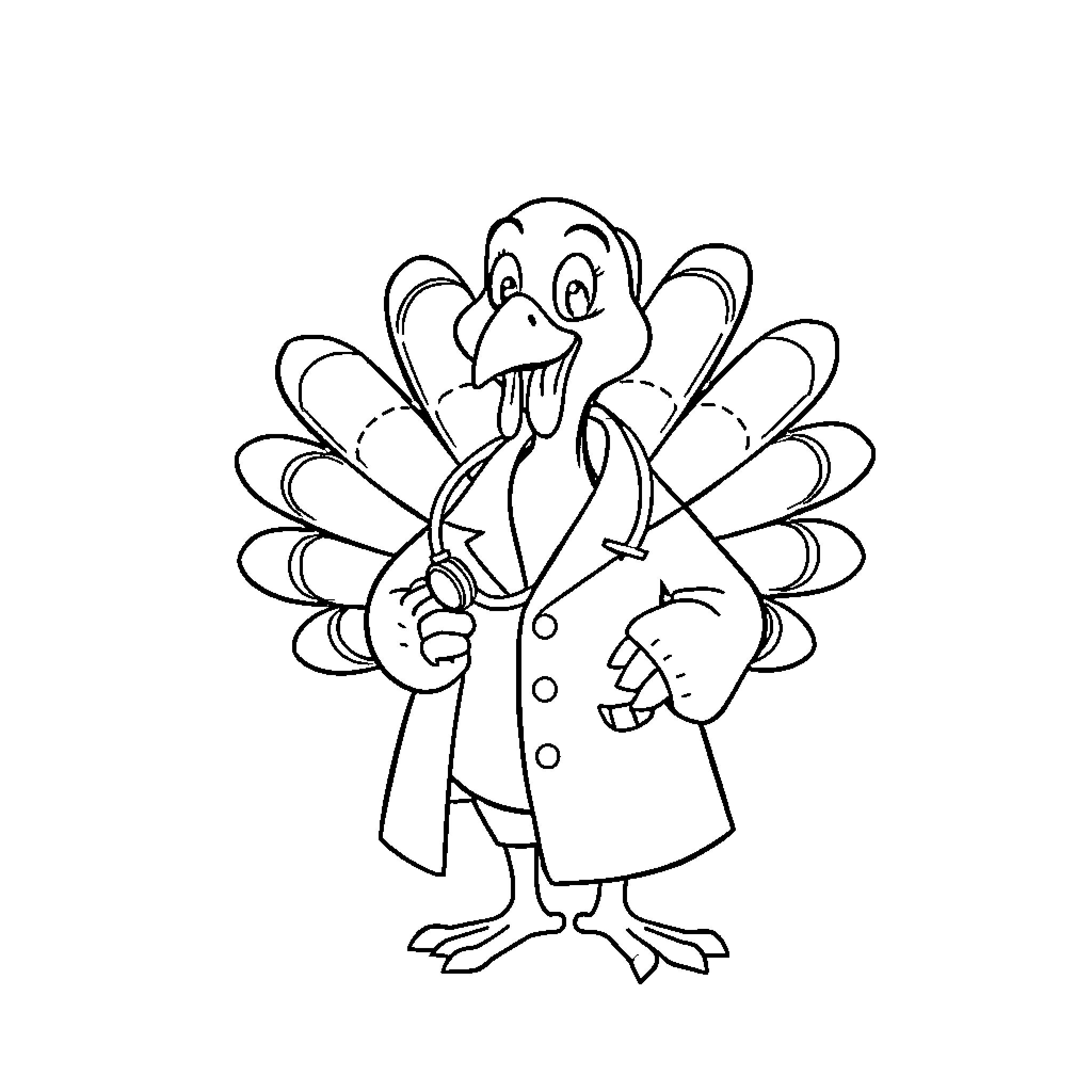 Turkey character in amusing outfit Coloring Page (free black-and-white line drawing printable PDF for all, from beginners to advanced learners, including children, teens, adults, and seniors)