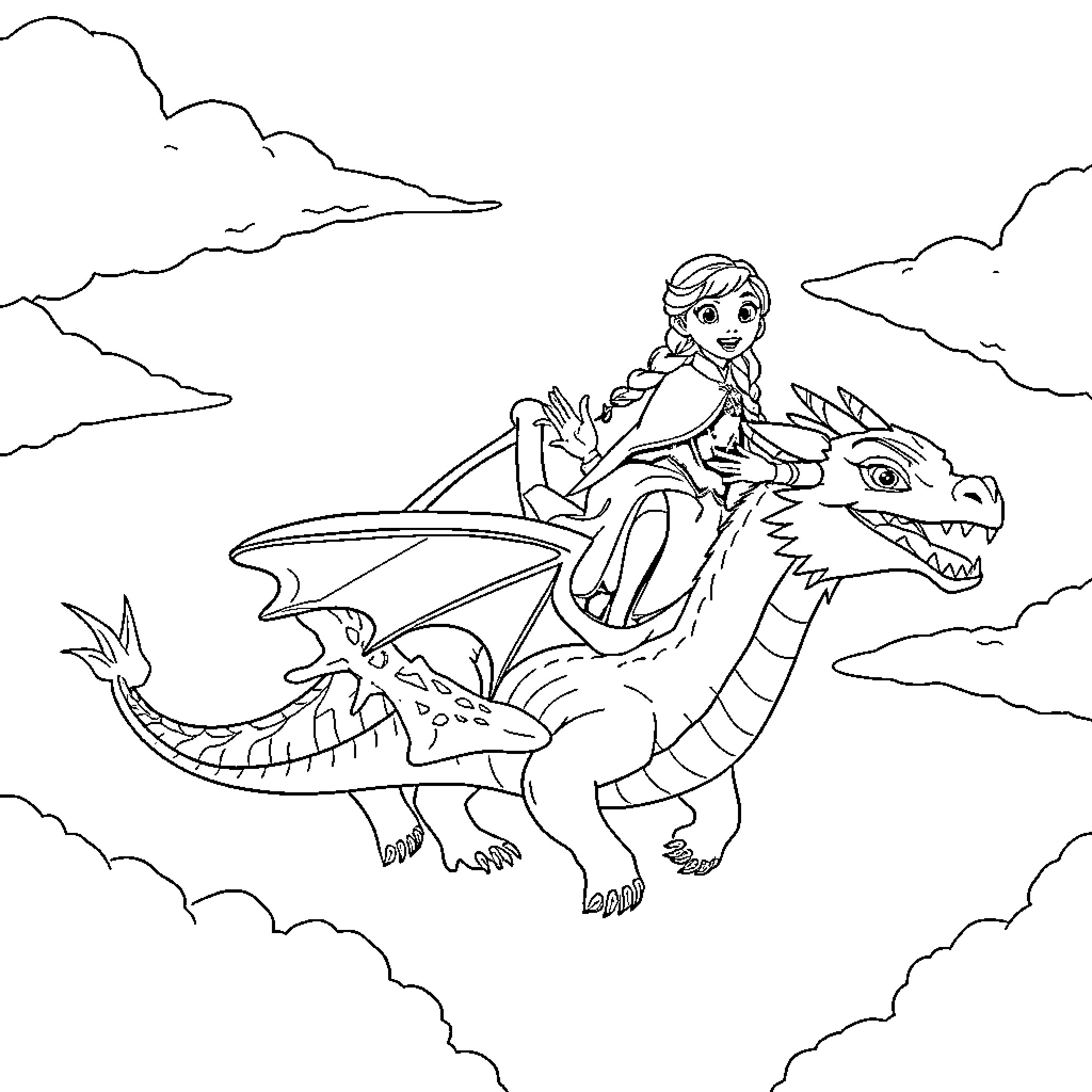 Elsa and Anna riding a fearsome dragon through the sky Coloring Page (free black-and-white line drawing printable PDF for all, from beginners to advanced learners, including children, teens, adults, and seniors)