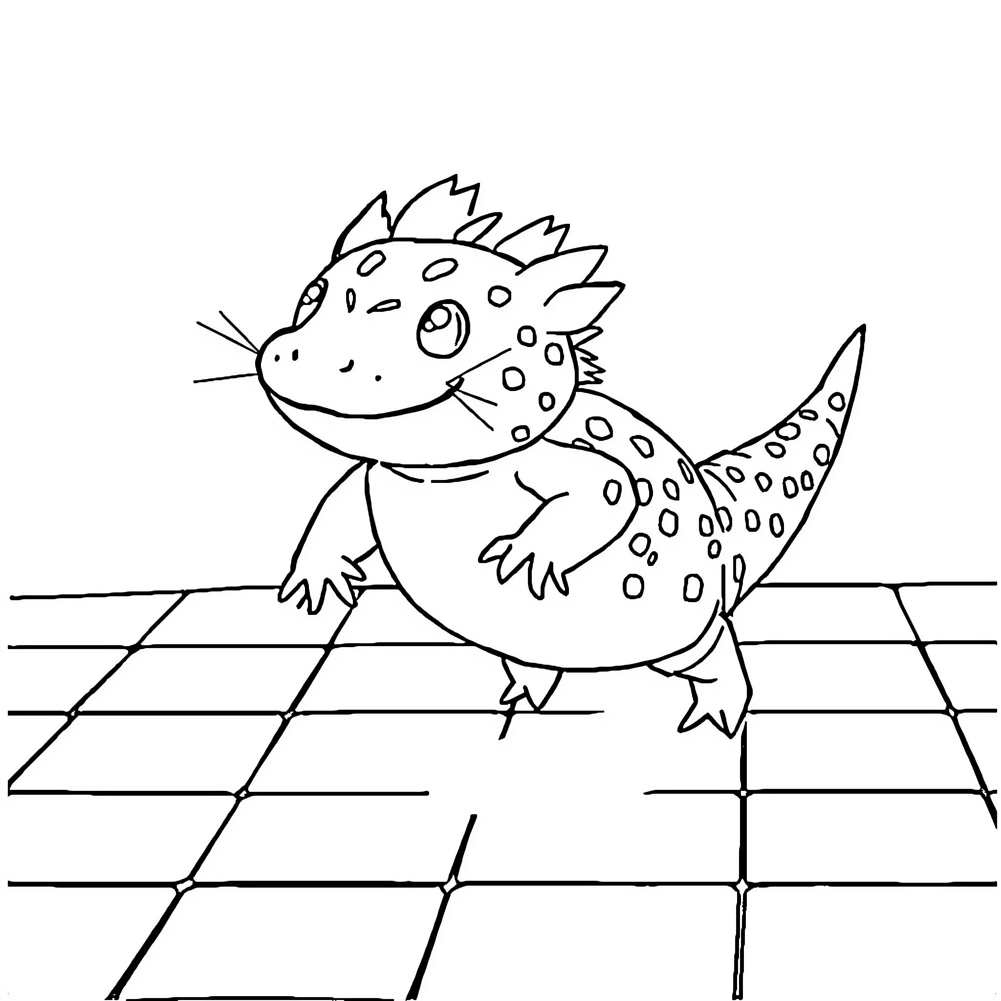 Axolotl exploring a tiled floor Coloring Page (free black-and-white line drawing printable PDF for all, from beginners to advanced learners, including children, teens, adults, and seniors)