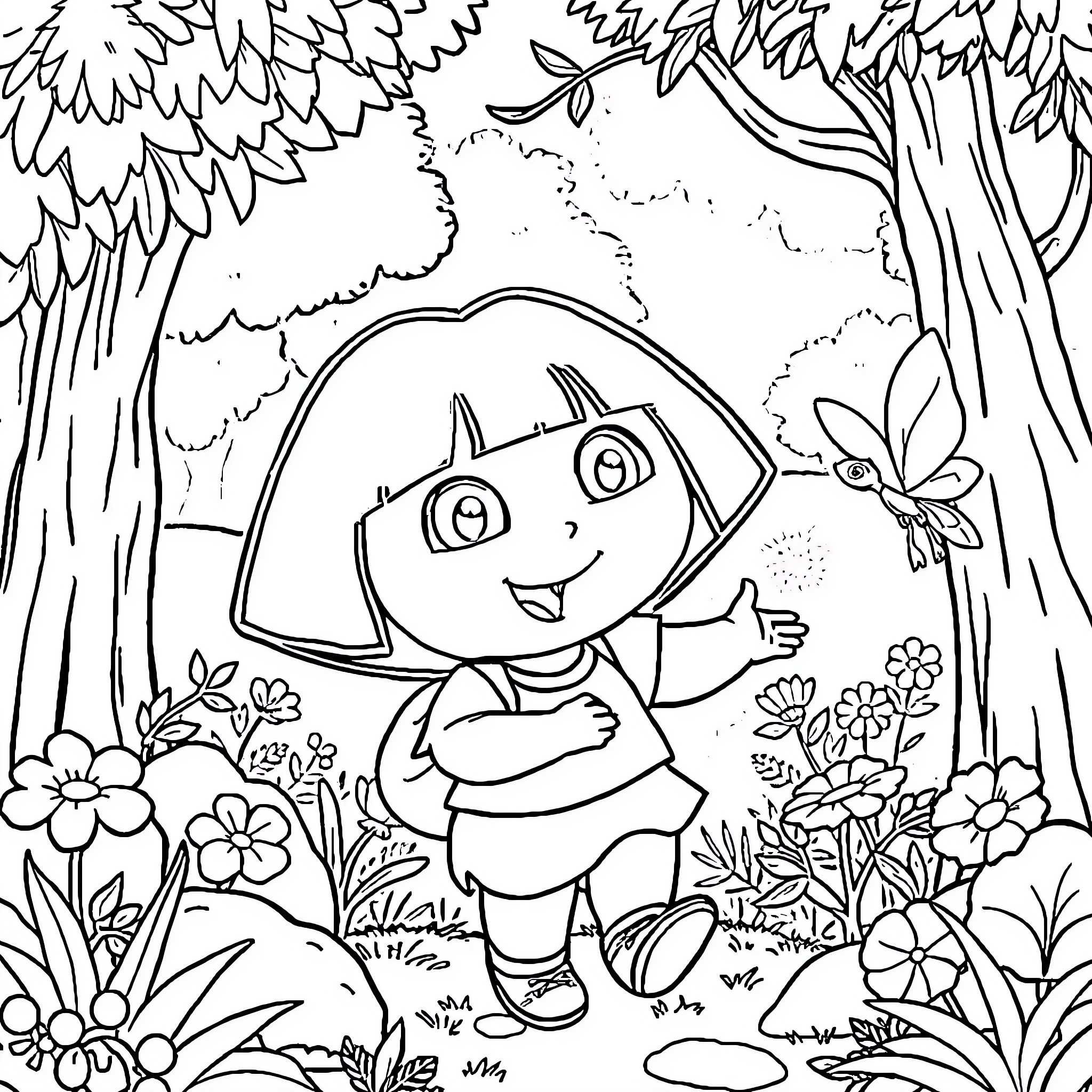 Dora exploring the enchanting forest Coloring Page (free black-and-white line drawing printable PDF for all, from beginners to advanced learners, including children, teens, adults, and seniors)