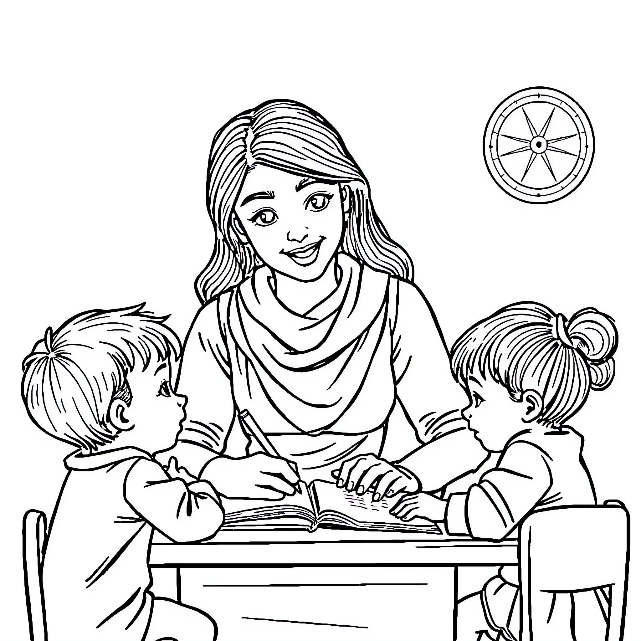 Teacher Interacting Warmly with Students in Classroom Coloring Page (free black-and-white line drawing printable PDF for all, from beginners to advanced learners, including children, teens, adults, and seniors)