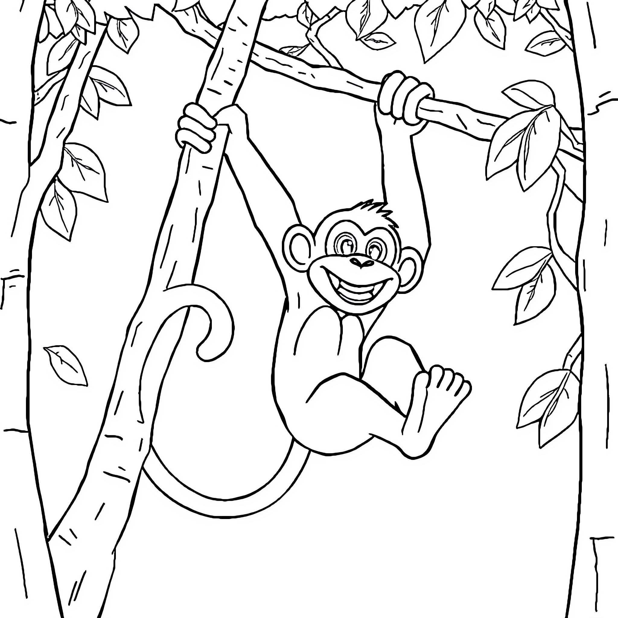 Monkey swinging happily in jungle Coloring Page (free black-and-white line drawing printable PDF for all, from beginners to advanced learners, including children, teens, adults, and seniors)