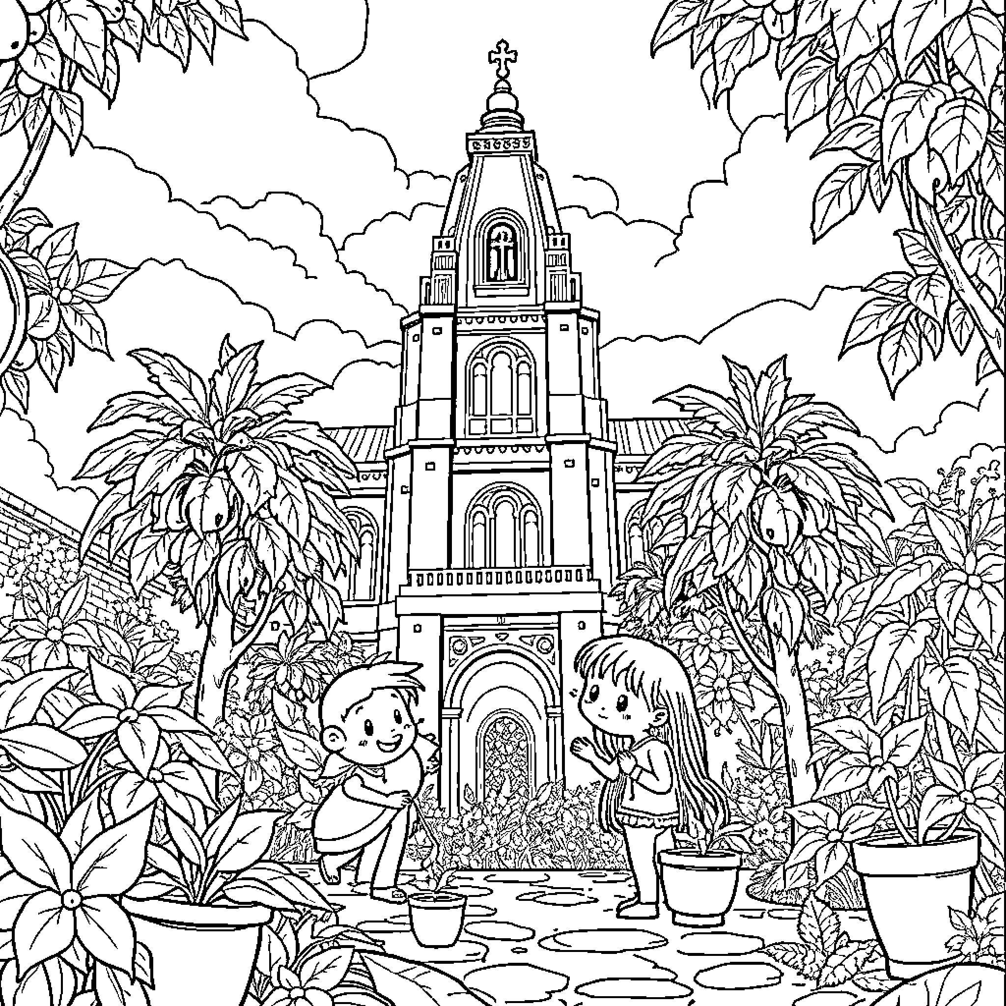 Character Exploring an Ornate Church in a Lush Garden Coloring Page (free black-and-white line drawing printable PDF for all, from beginners to advanced learners, including children, teens, adults, and seniors)