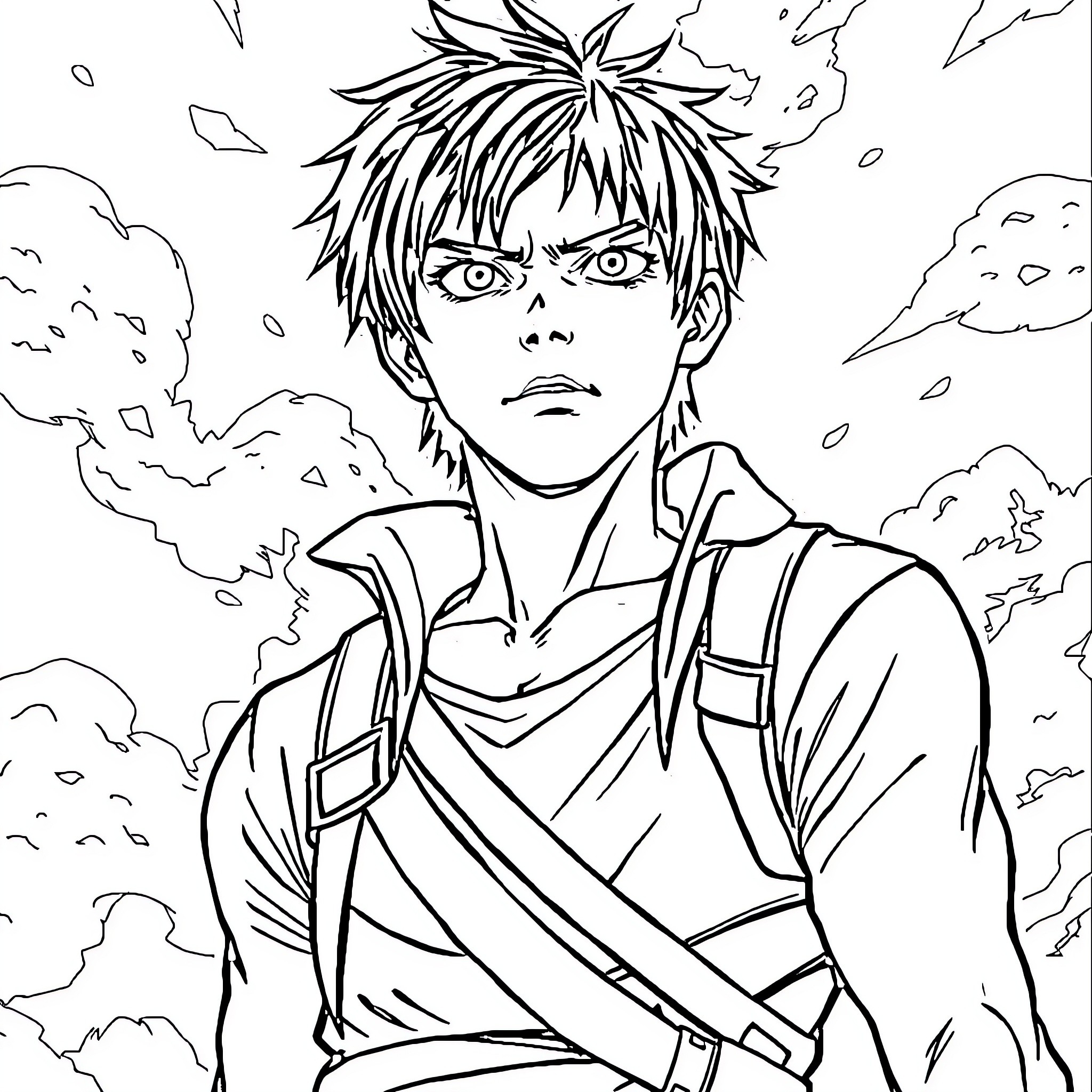 Eren Jeager's fierce expression in a turbulent scene Coloring Page (free black-and-white line drawing printable PDF for all, from beginners to advanced learners, including children, teens, adults, and seniors)