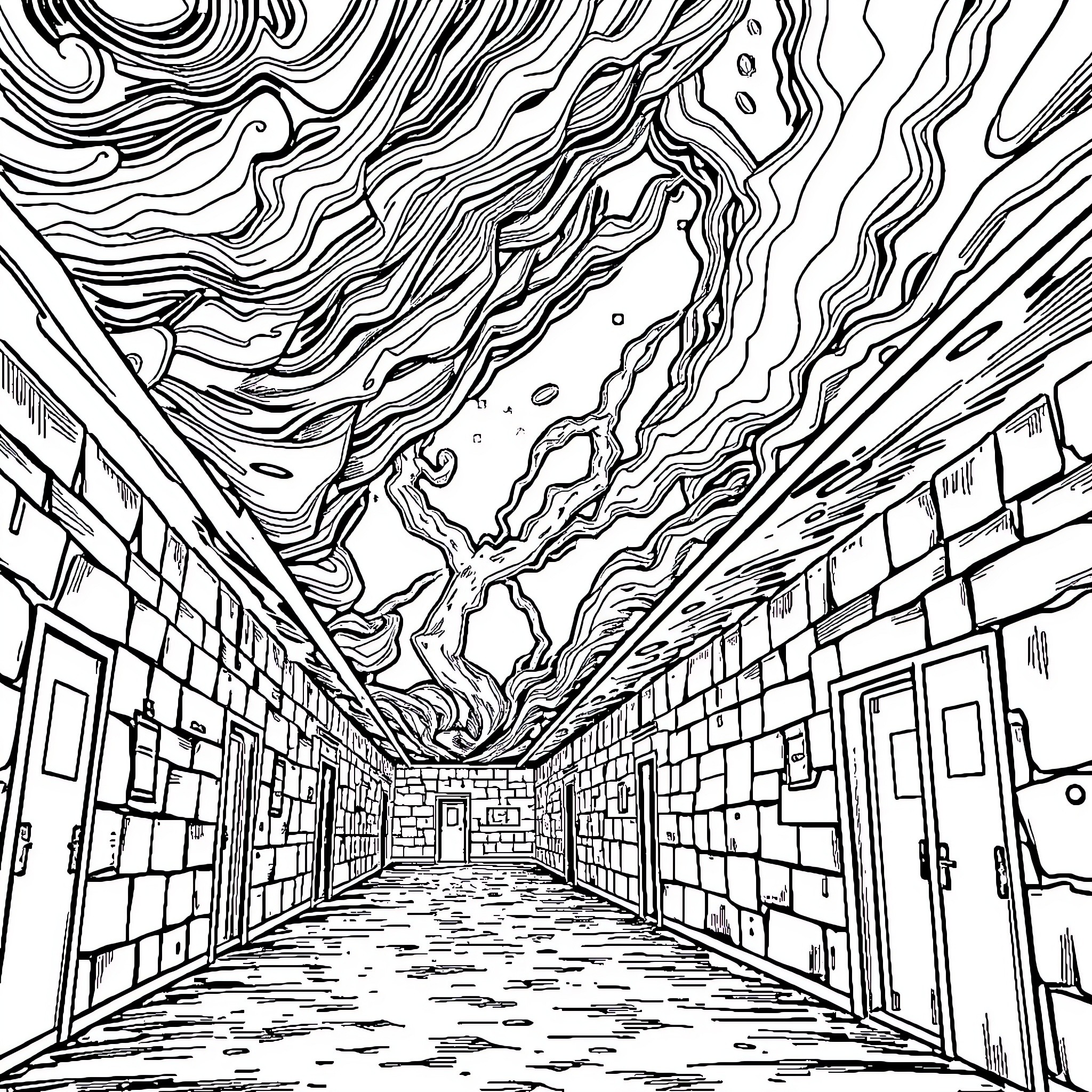 Storm's Turbulent Passage Through Distorted Hallway Coloring Page (free black-and-white line drawing printable PDF for all, from beginners to advanced learners, including children, teens, adults, and seniors)