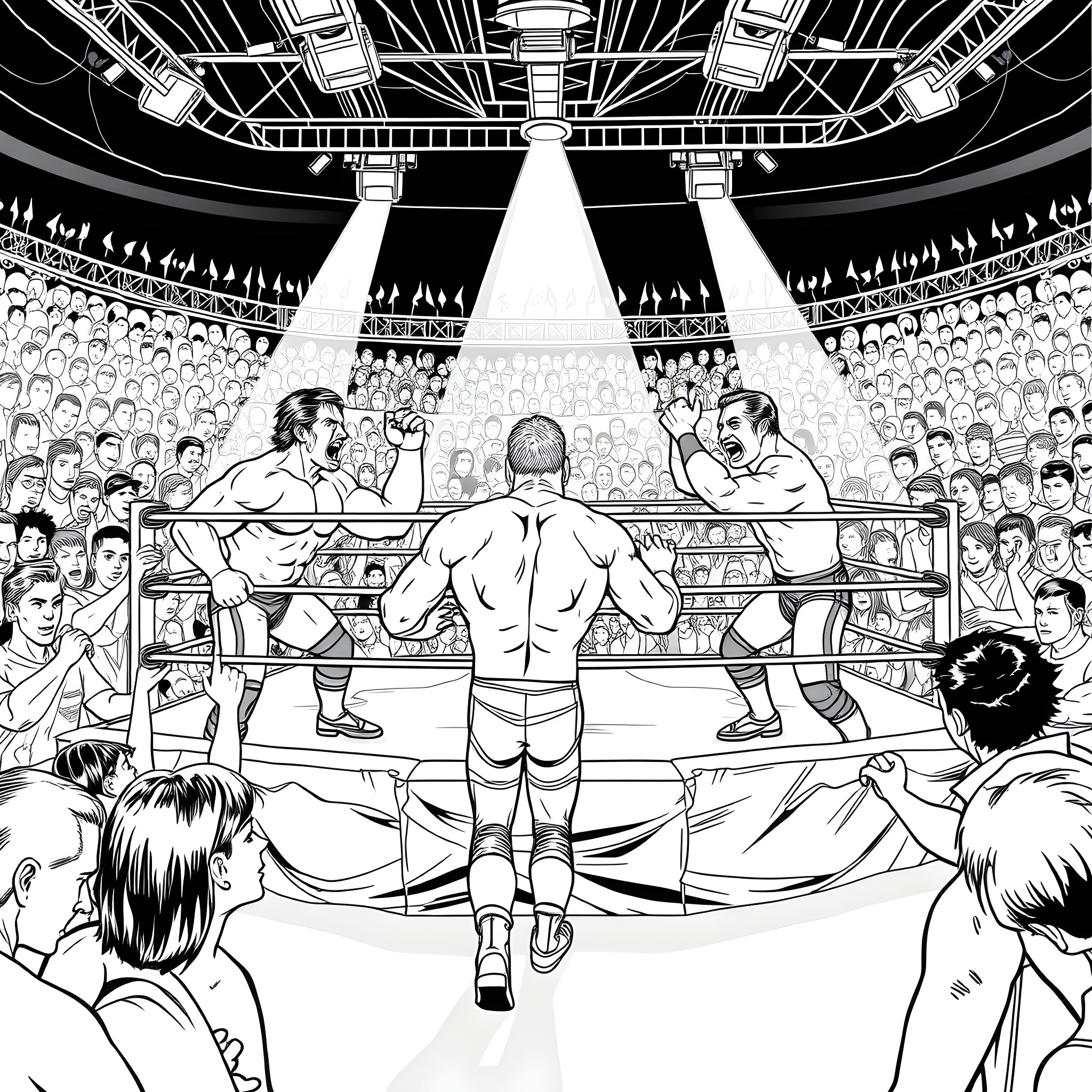 WWE: Intense Wrestling Match in an Arena Coloring Page (free black-and-white line drawing printable PDF for all, from beginners to advanced learners, including children, teens, adults, and seniors)