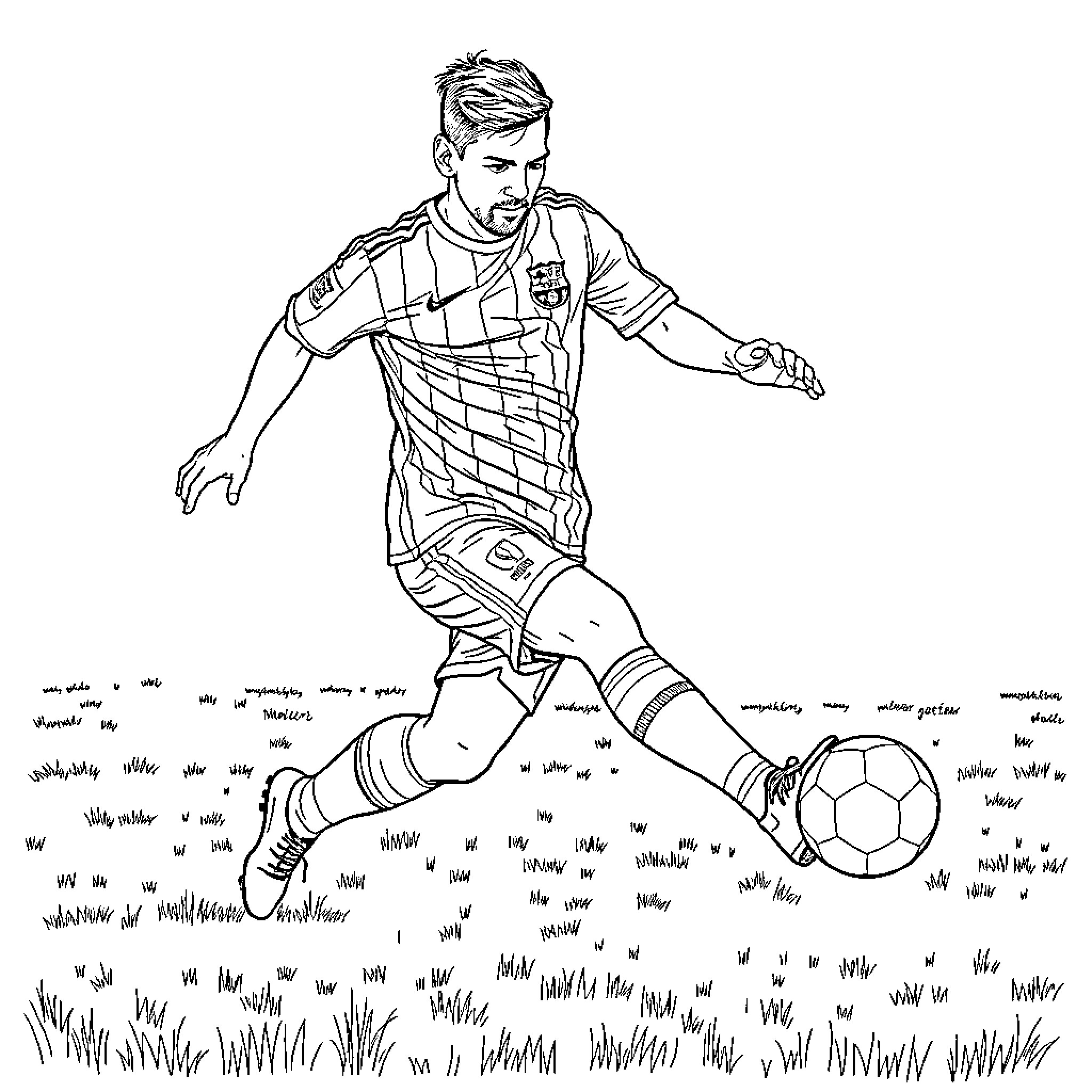 Messi scoring a goal on the soccer field Coloring Page (free black-and-white line drawing printable PDF for all, from beginners to advanced learners, including children, teens, adults, and seniors)