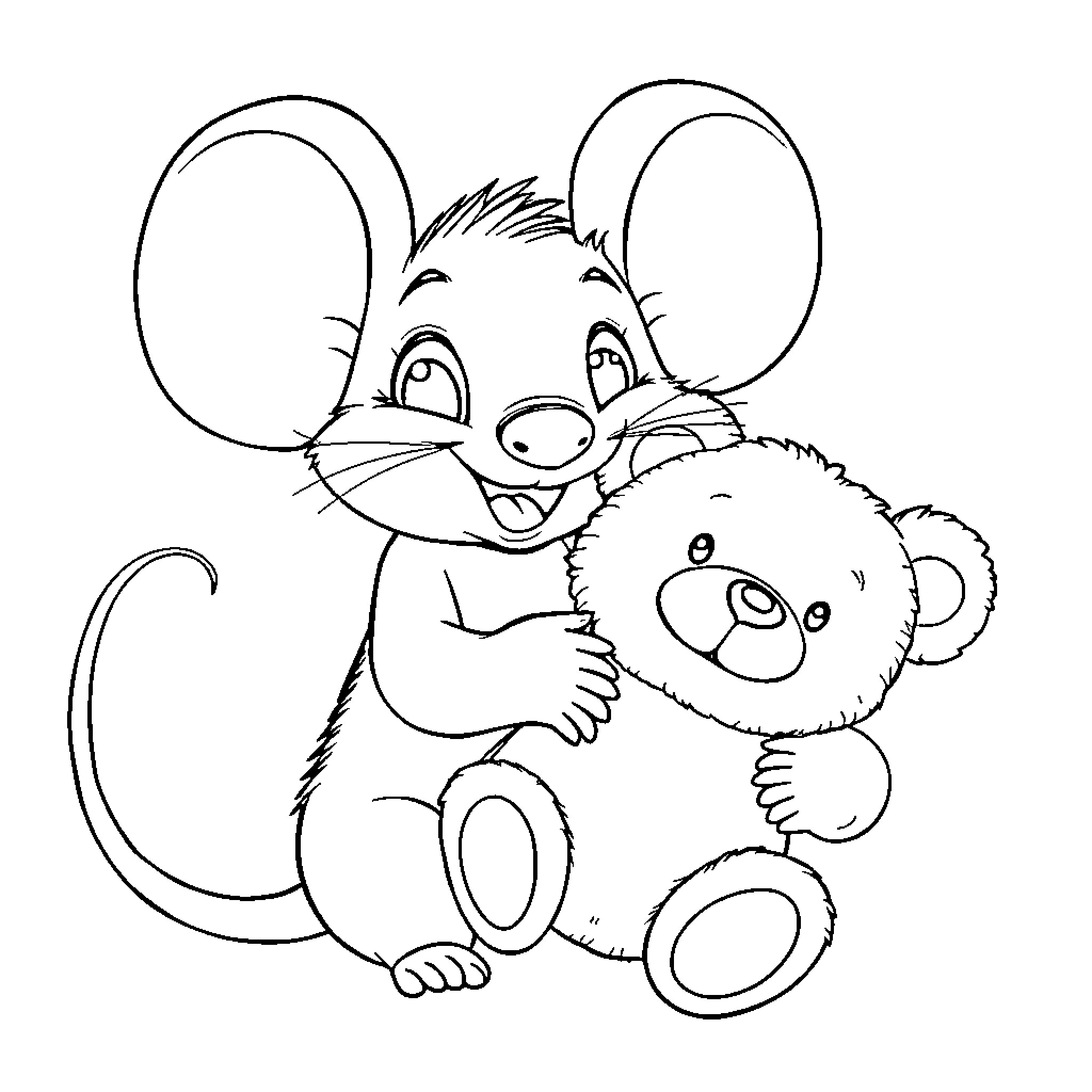 Mouse playing with stuffed animal Coloring Page (free black-and-white line drawing printable PDF for all, from beginners to advanced learners, including children, teens, adults, and seniors)