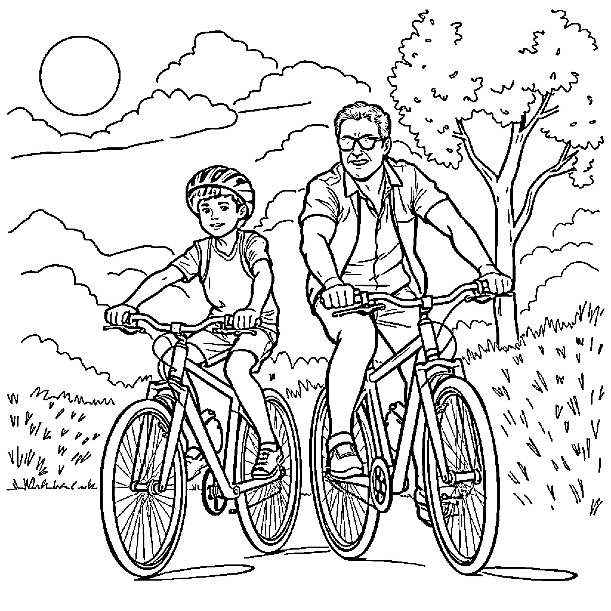 Bike ride with father and son in nature Coloring Page (free black-and-white line drawing printable PDF for all, from beginners to advanced learners, including children, teens, adults, and seniors)