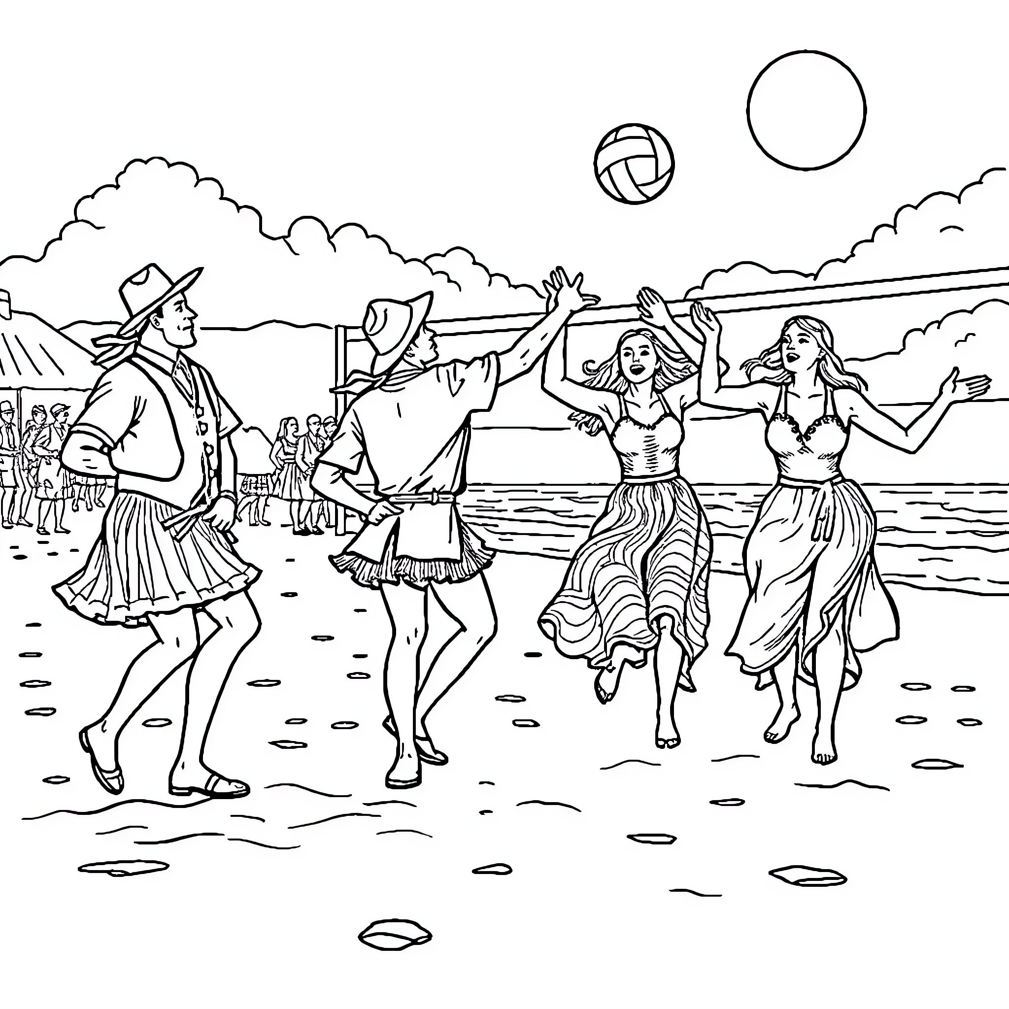 Dancers performing lively beach scene Coloring Page (free black-and-white line drawing printable PDF for all, from beginners to advanced learners, including children, teens, adults, and seniors)