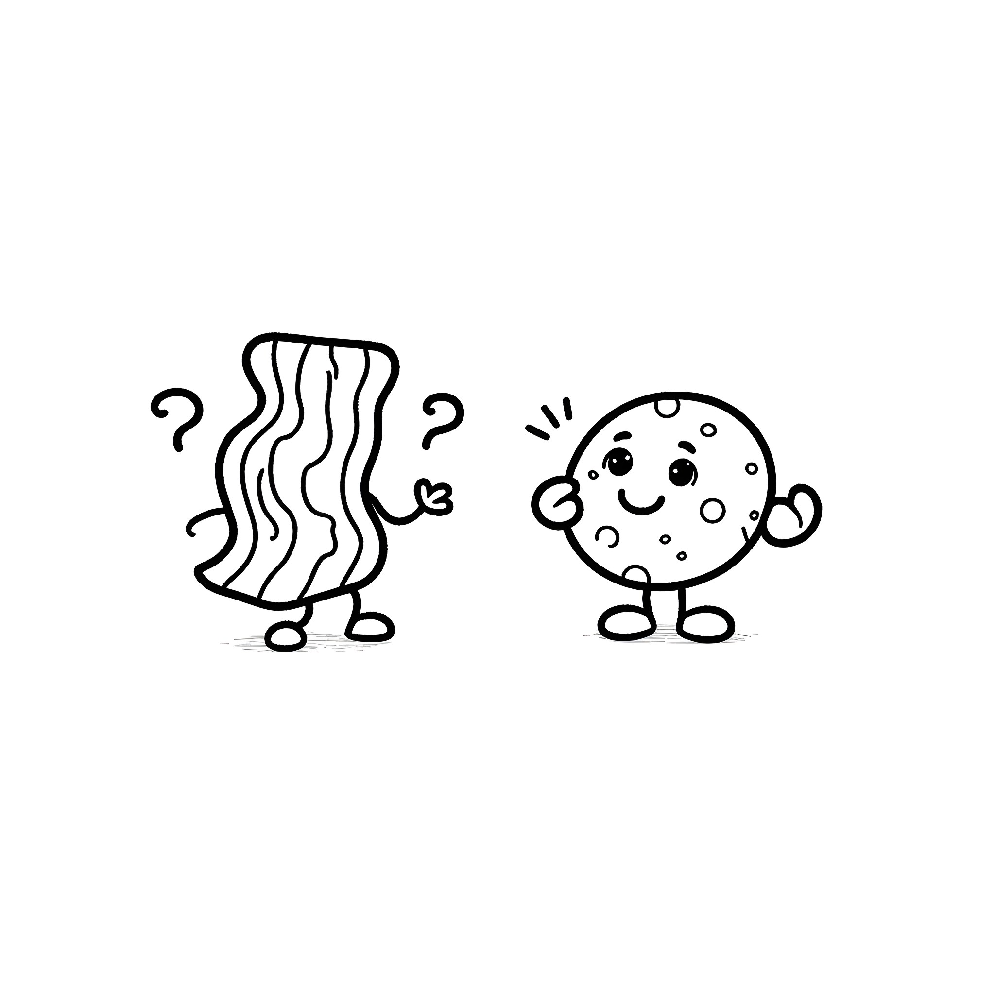 Bacon and Cookie Interacting Curiously Coloring Page (free black-and-white line drawing printable PDF for all, from beginners to advanced learners, including children, teens, adults, and seniors)