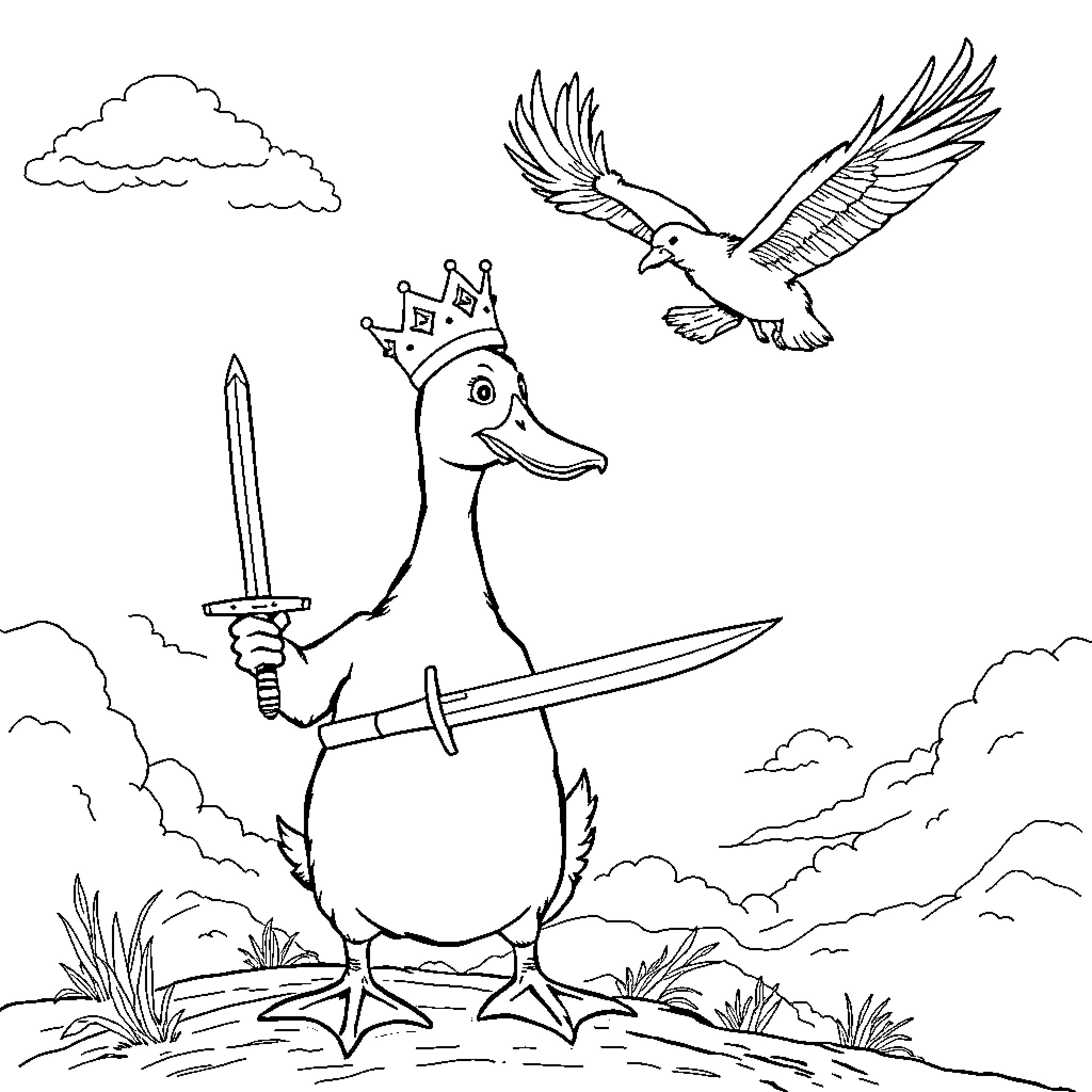 Duck warrior standing heroically with sword and eagle Coloring Page (free black-and-white line drawing printable PDF for all, from beginners to advanced learners, including children, teens, adults, and seniors)