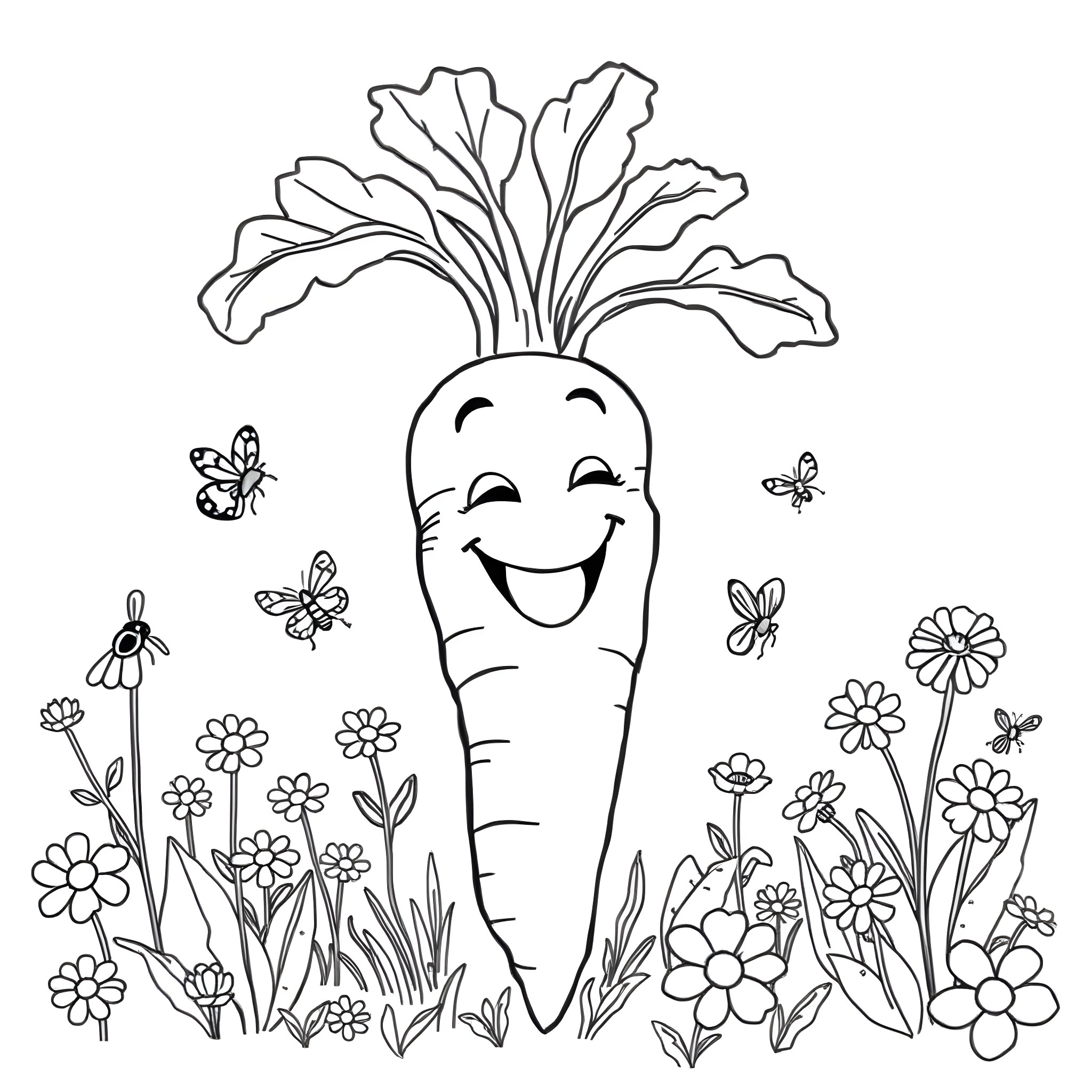 Carrot dancing among flowers and butterflies Coloring Page (free black-and-white line drawing printable PDF for all, from beginners to advanced learners, including children, teens, adults, and seniors)