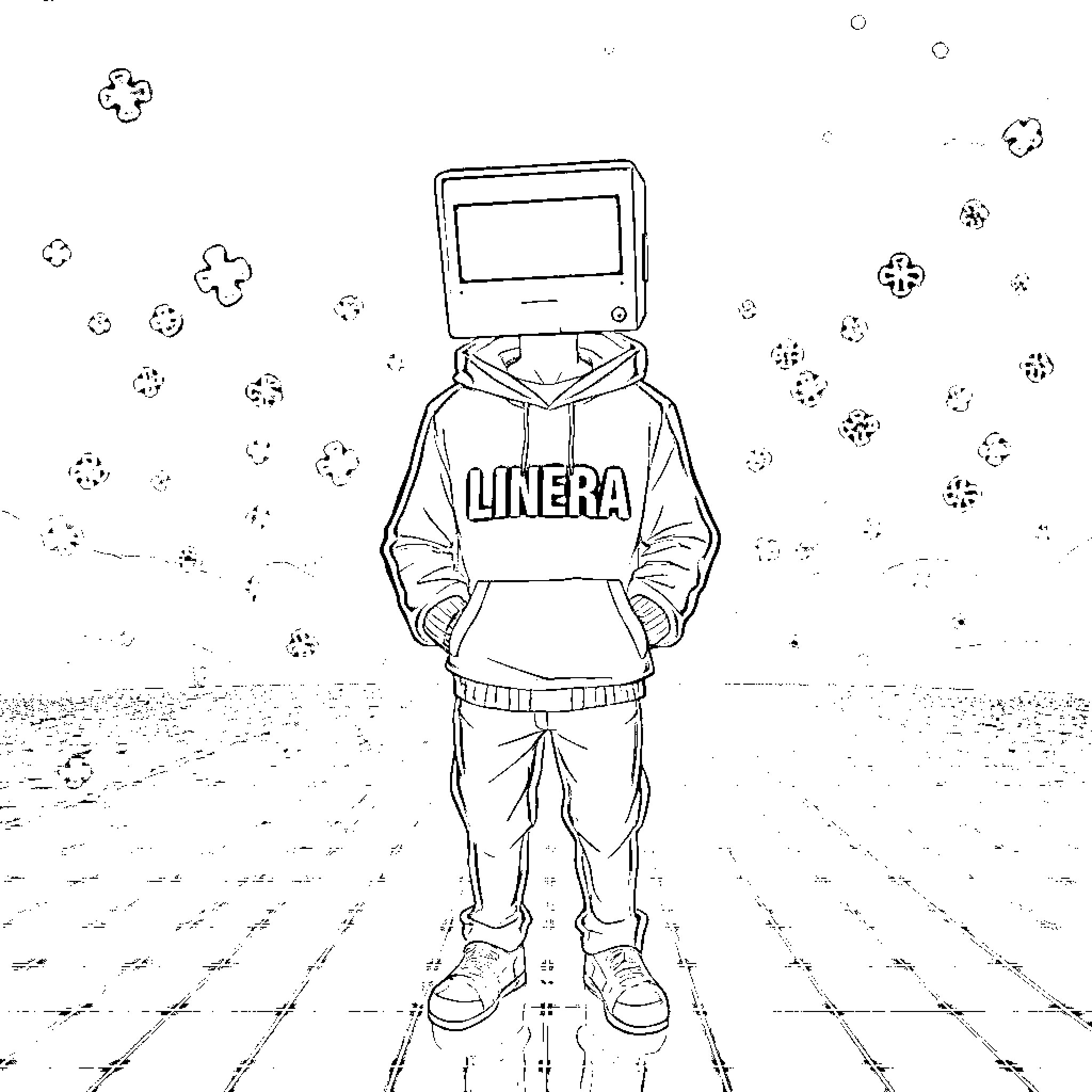 Humanoid figure in hoodie and computer screen head Coloring Page (free black-and-white line drawing printable PDF for all, from beginners to advanced learners, including children, teens, adults, and seniors)