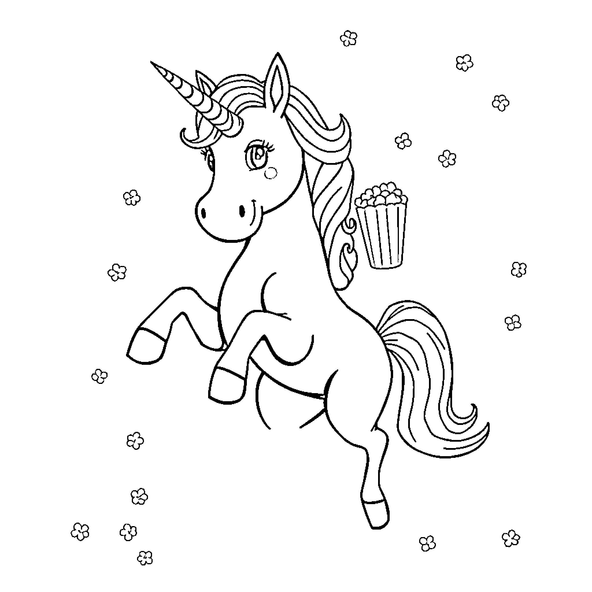 Unicorn holding popcorn and walking amidst stars Coloring Page (free black-and-white line drawing printable PDF for all, from beginners to advanced learners, including children, teens, adults, and seniors)