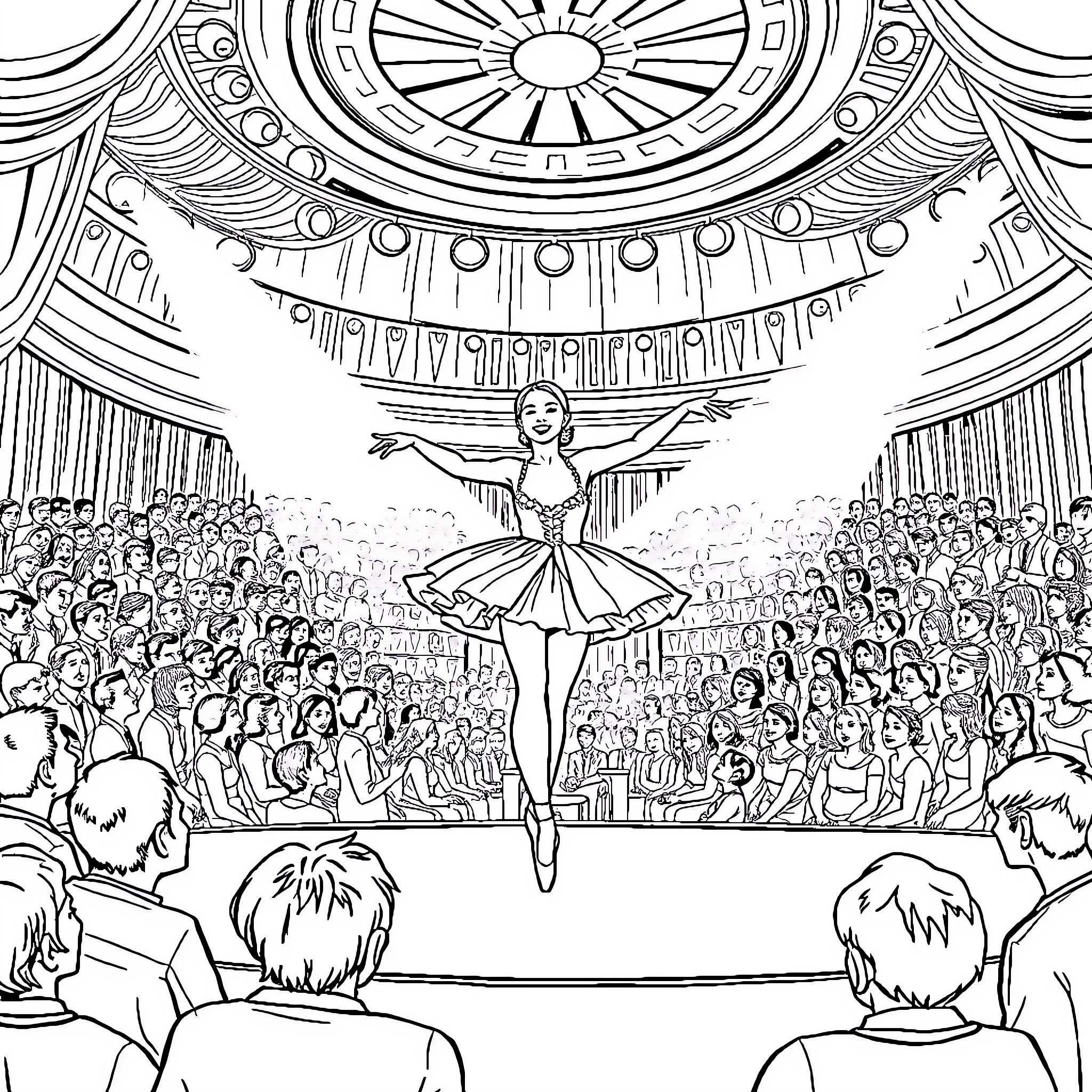 Ballerina performs on stage before audience Coloring Page (free black-and-white line drawing printable PDF for all, from beginners to advanced learners, including children, teens, adults, and seniors)