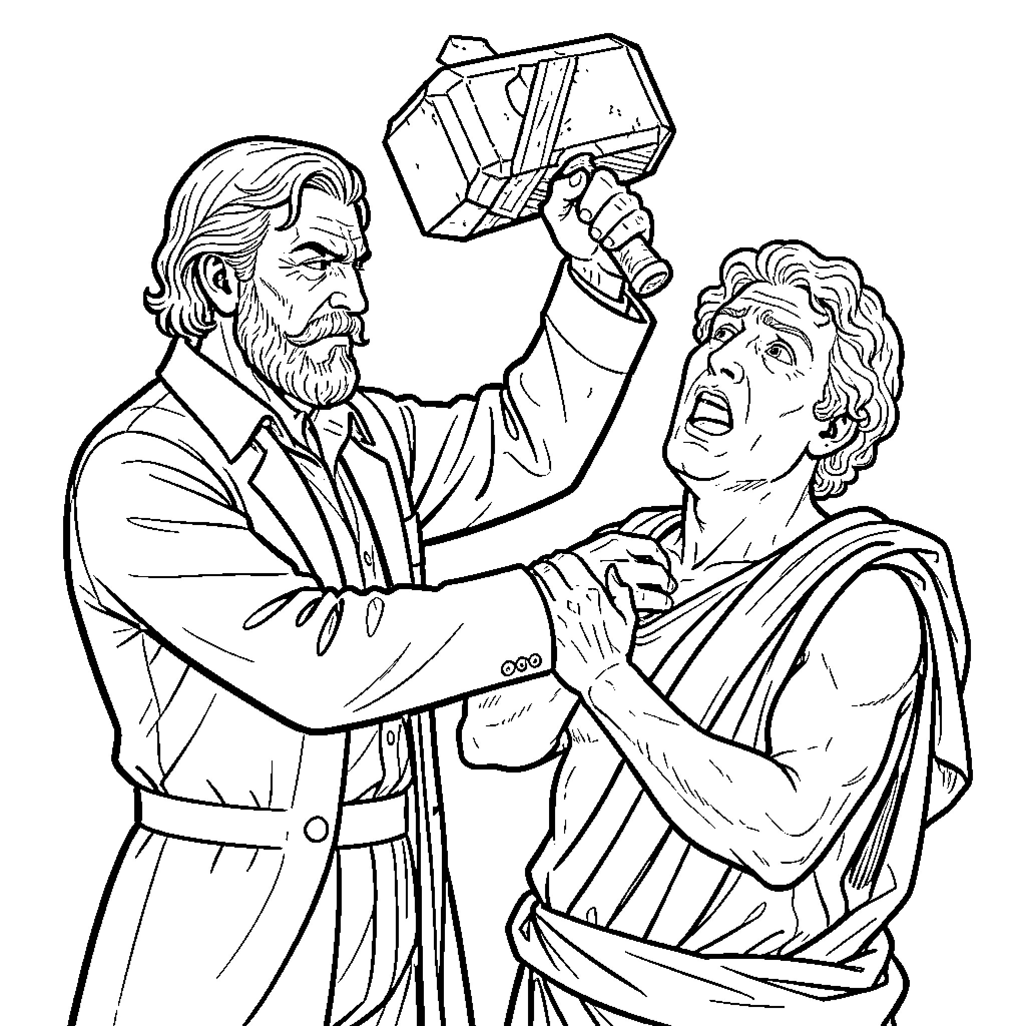 Nietzsche's Philosophical Debate with Adversary Coloring Page (free black-and-white line drawing printable PDF for all, from beginners to advanced learners, including children, teens, adults, and seniors)