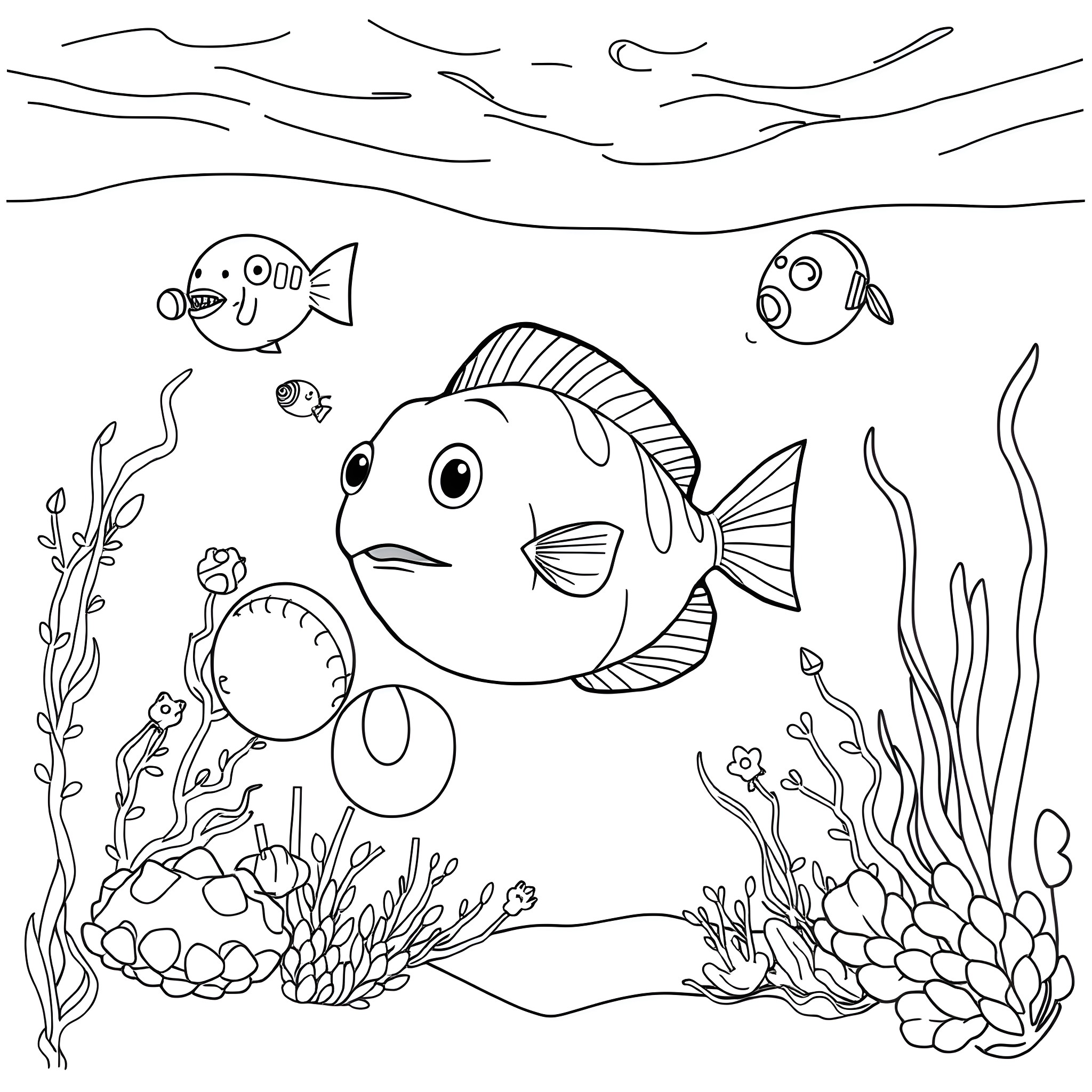 Puffer Fish playing in the ocean Coloring Page (free black-and-white line drawing printable PDF for all, from beginners to advanced learners, including children, teens, adults, and seniors)