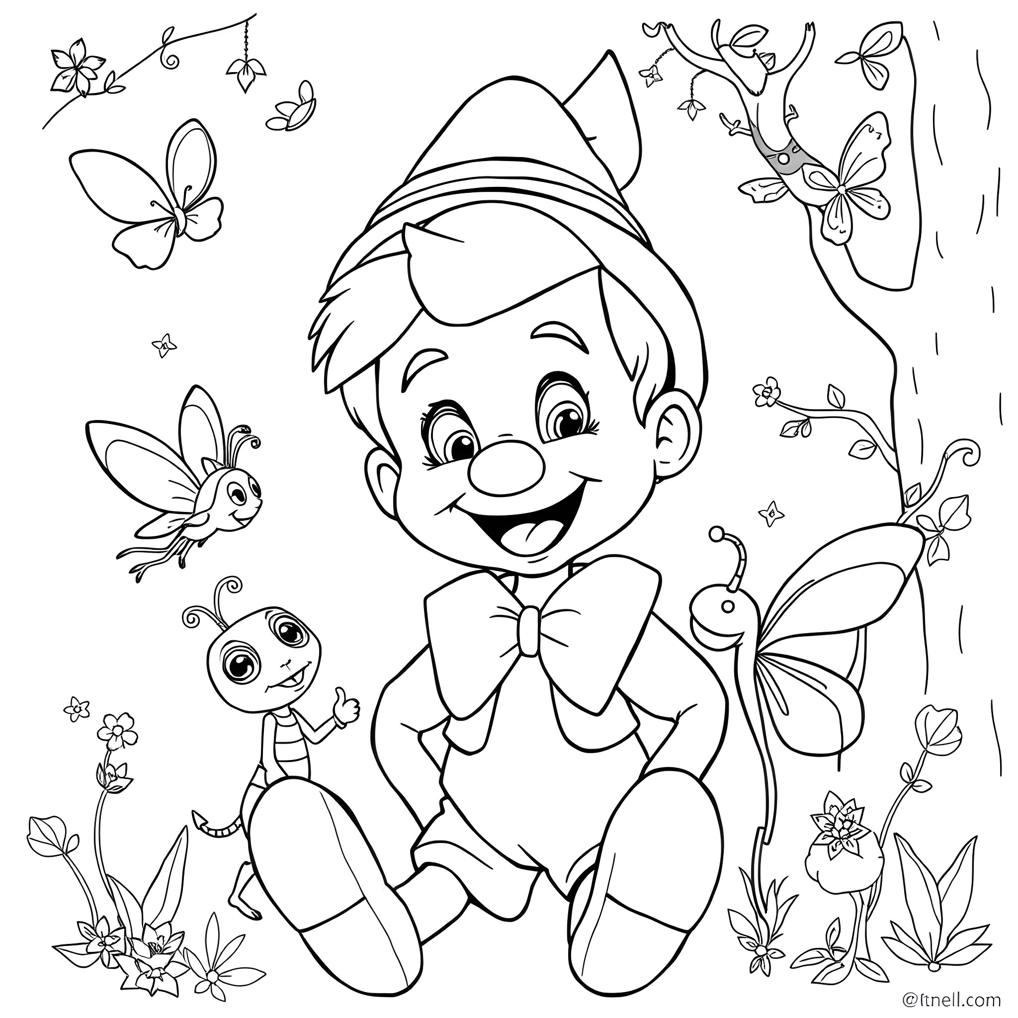 Pinocchio surrounded by butterflies and plants Coloring Page (free black-and-white line drawing printable PDF for all, from beginners to advanced learners, including children, teens, adults, and seniors)