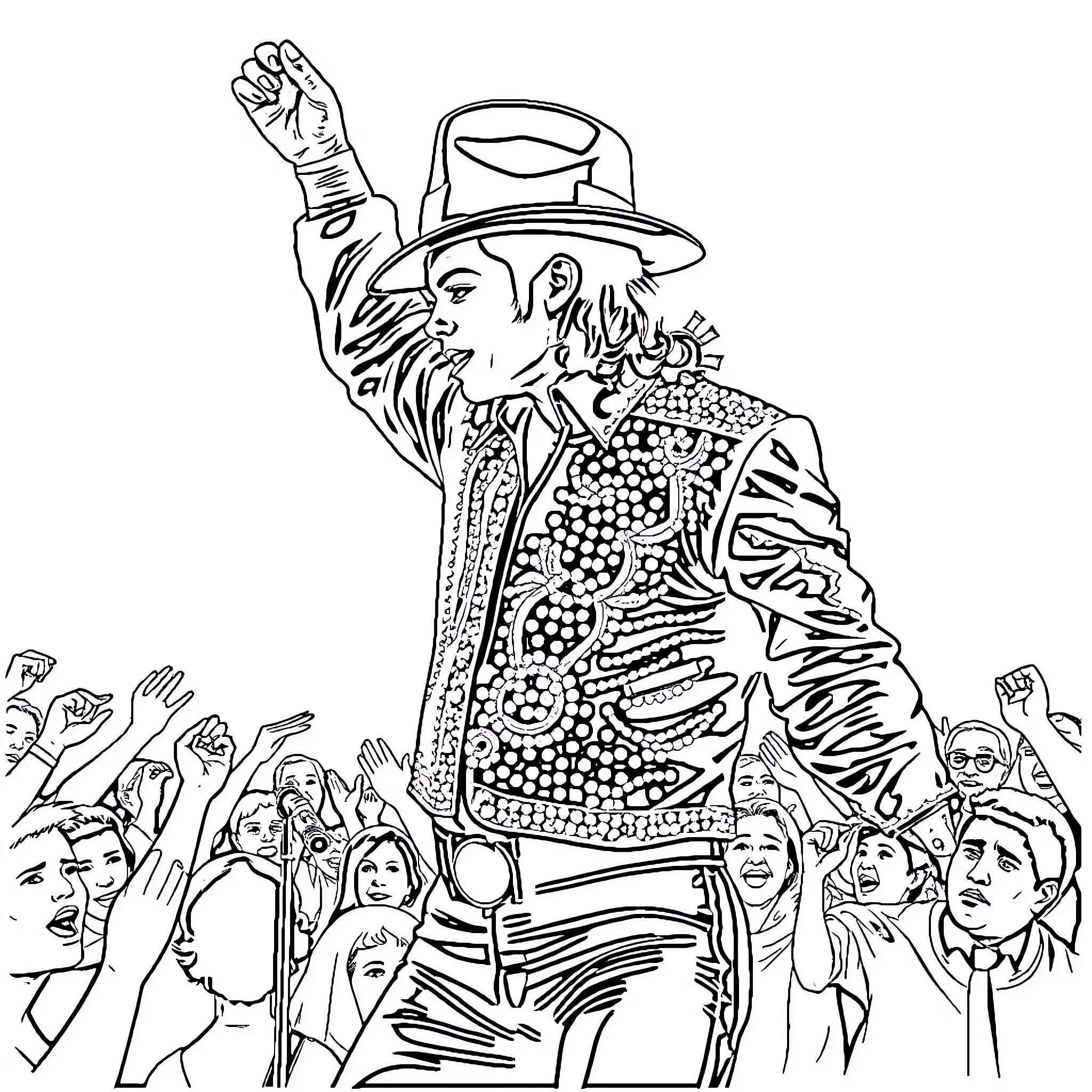 Michael Jackson's Electrifying Stage Performance Coloring Page (free black-and-white line drawing printable PDF for all, from beginners to advanced learners, including children, teens, adults, and seniors)