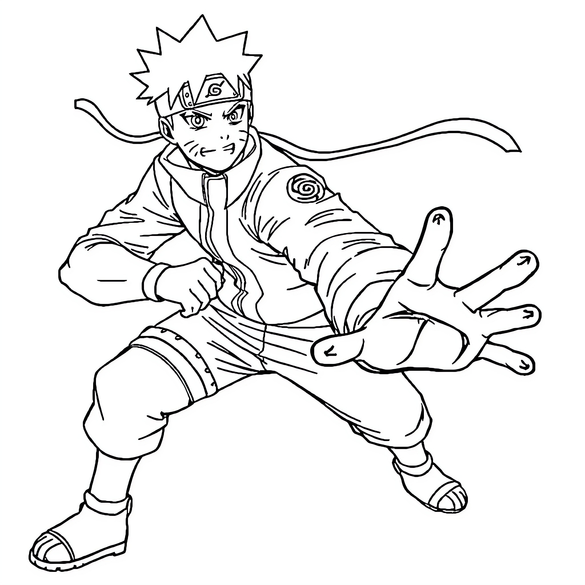 Naruto striking a fighting pose Coloring Page (free black-and-white line drawing printable PDF for all, from beginners to advanced learners, including children, teens, adults, and seniors)