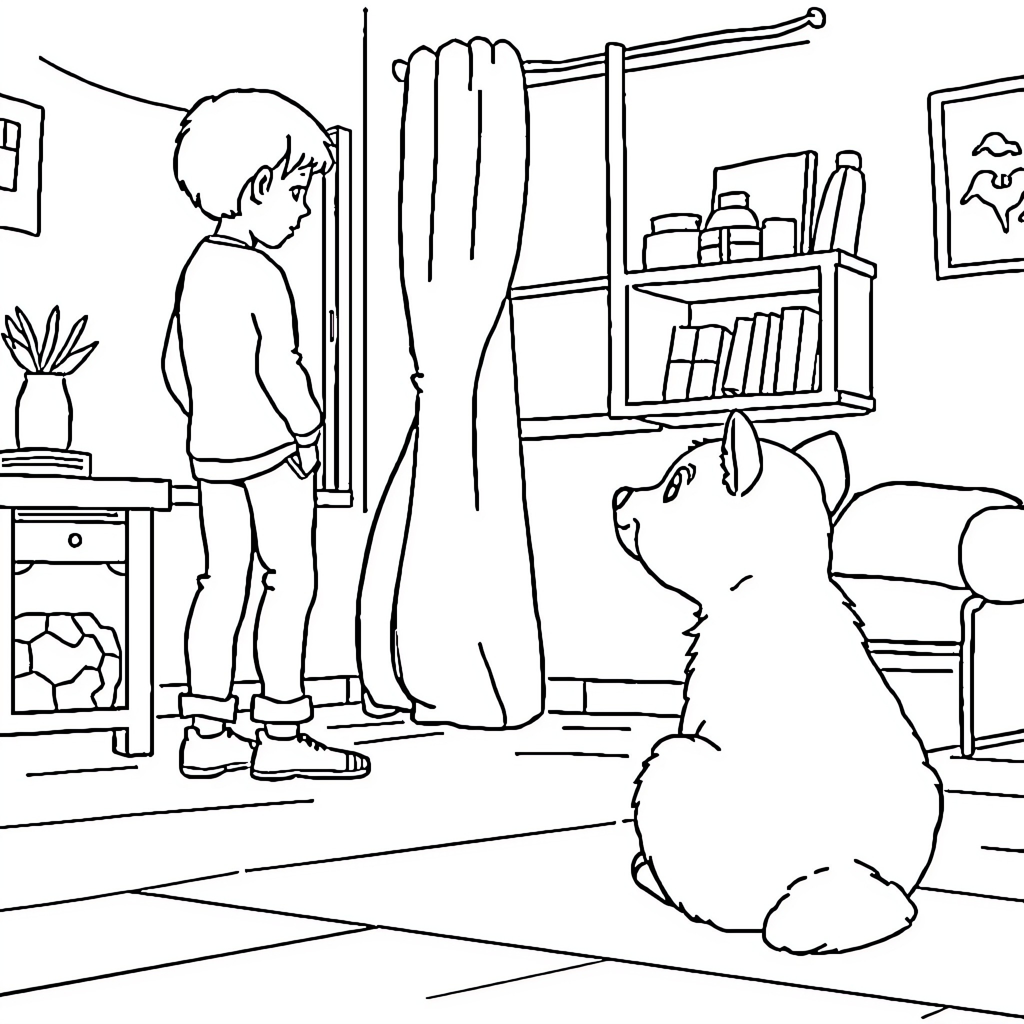 Animal playing with toys in bedroom Coloring Page (free black-and-white line drawing printable PDF for all, from beginners to advanced learners, including children, teens, adults, and seniors)