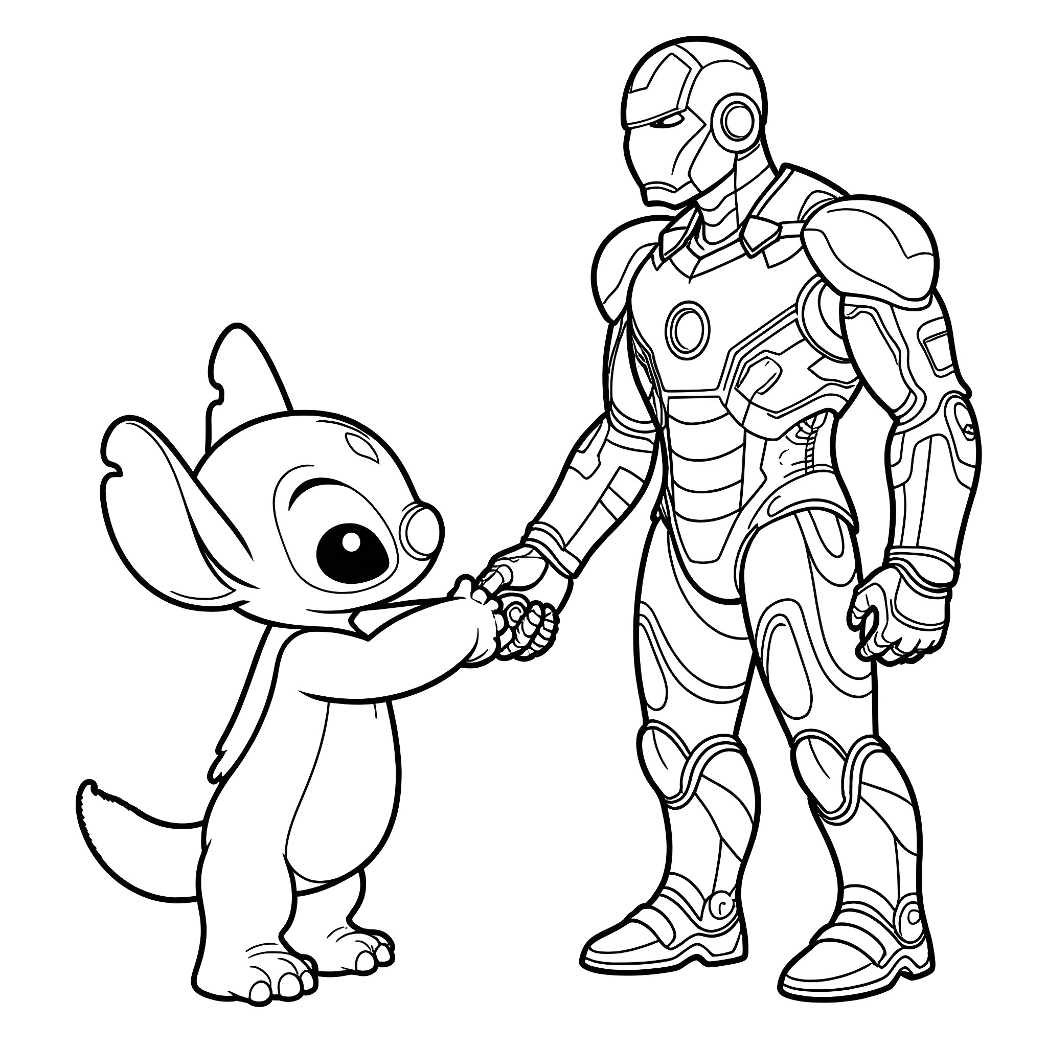Stitch Meets Ironman in an Unlikely Encounter Coloring Page (free black-and-white line drawing printable PDF for all, from beginners to advanced learners, including children, teens, adults, and seniors)