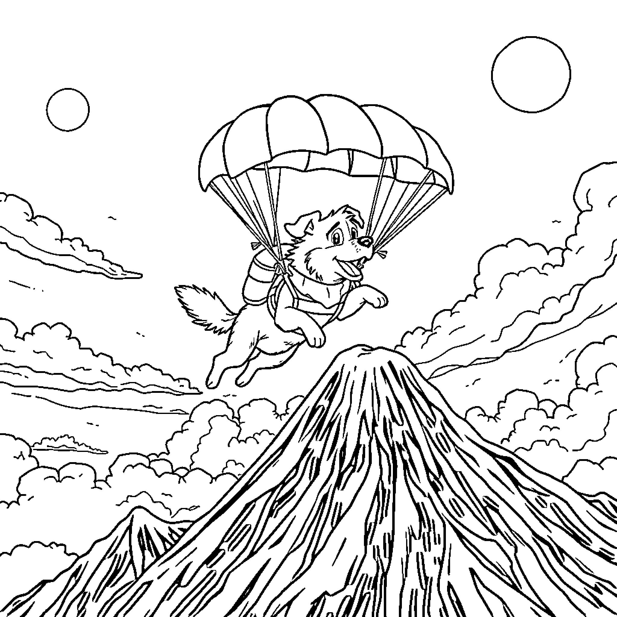 Dog skydiving over mountainous landscape Coloring Page (free black-and-white line drawing printable PDF for all, from beginners to advanced learners, including children, teens, adults, and seniors)