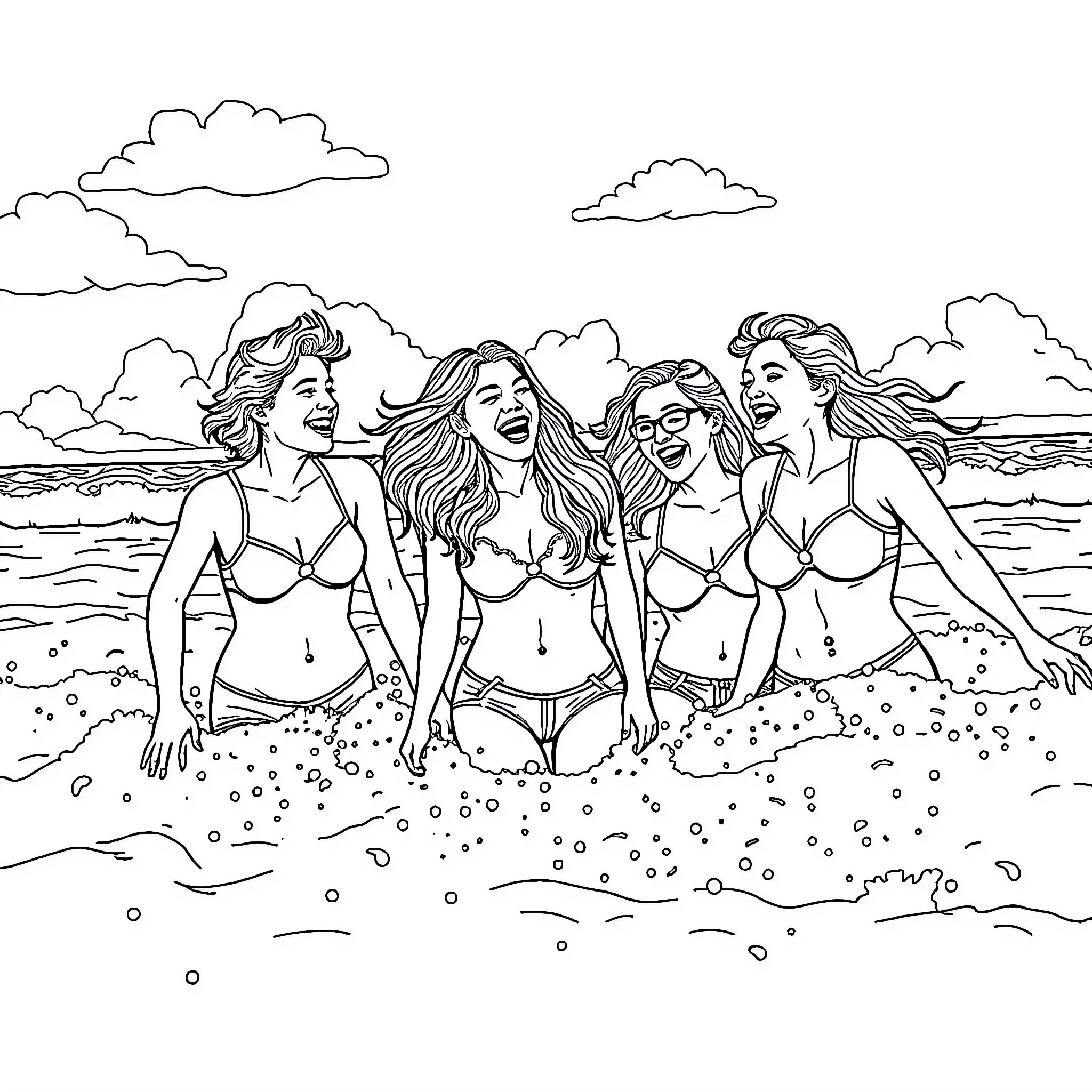 Teen friends enjoying a day at the beach Coloring Page (free black-and-white line drawing printable PDF for all, from beginners to advanced learners, including children, teens, adults, and seniors)
